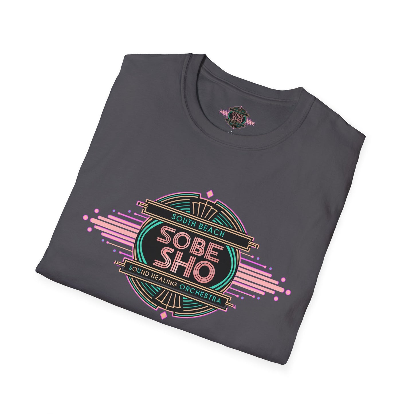 Retro Resonance  Unisex Softstyle T-Shirt, South Beach Sound Healing Orchestra x [dNASAb] merch, Mindful Graphic Tee for Beach Days, Sound Healing Vibes & Everyday Ease (front print only)