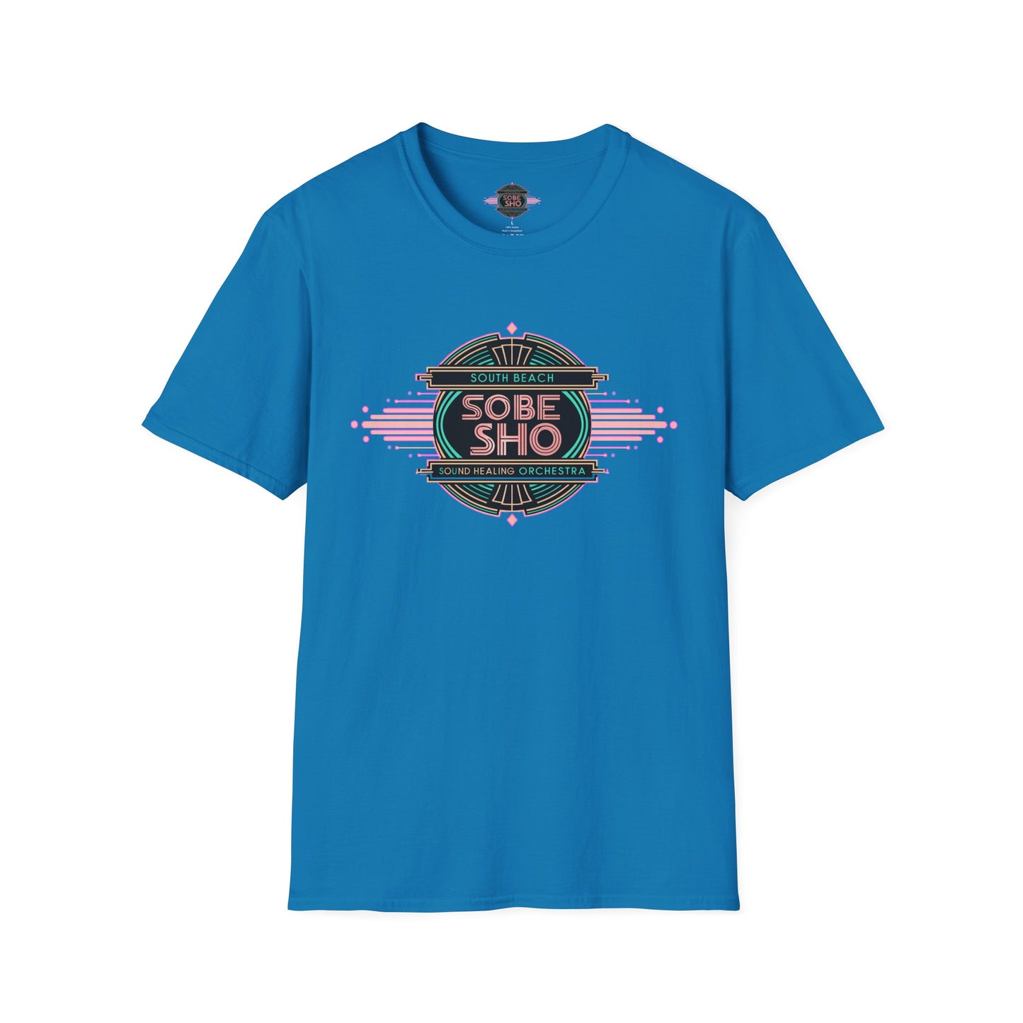 Retro Resonance  Unisex Softstyle T-Shirt, South Beach Sound Healing Orchestra x [dNASAb] merch, Mindful Graphic Tee for Beach Days, Sound Healing Vibes & Everyday Ease (front print only)