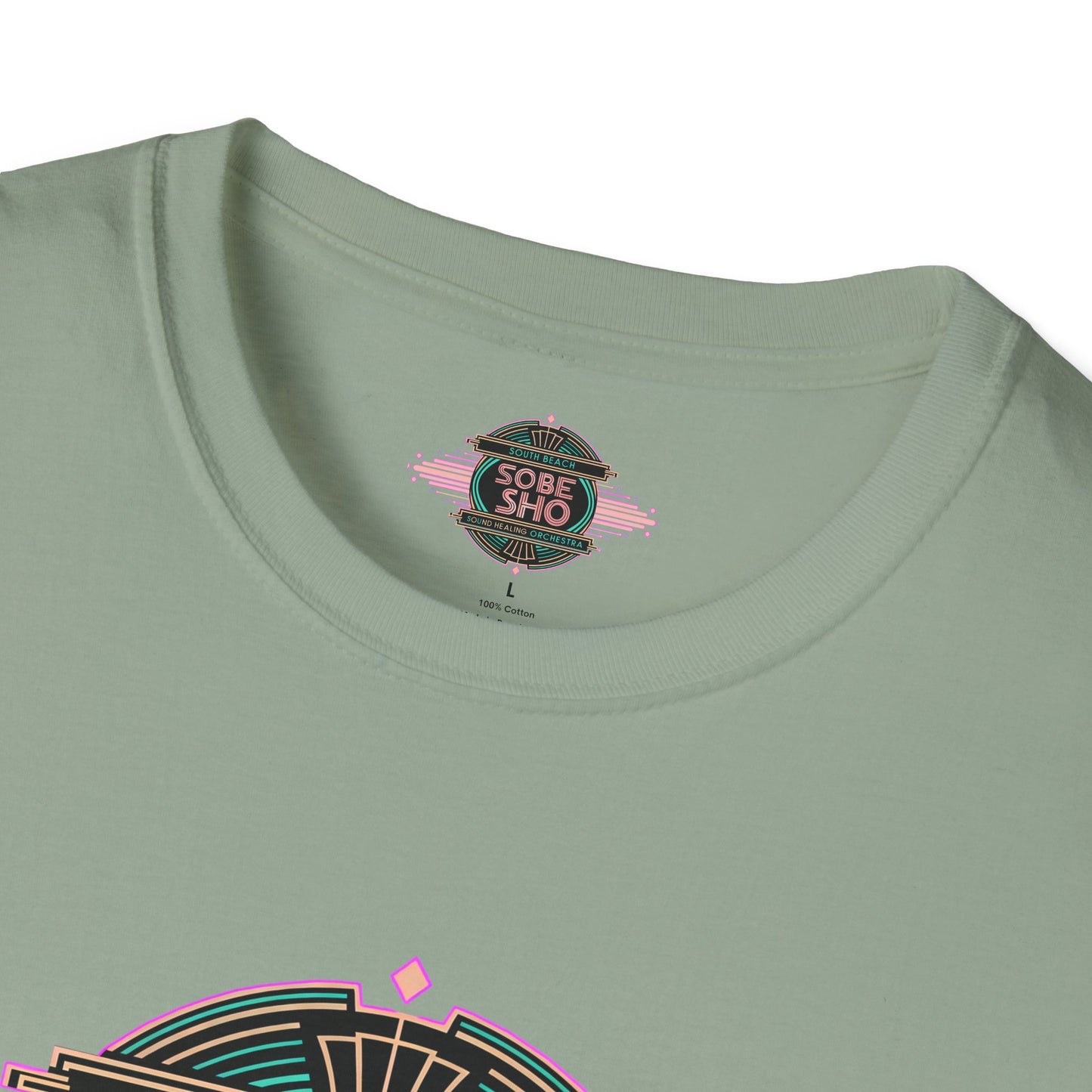 Retro Resonance  Unisex Softstyle T-Shirt, South Beach Sound Healing Orchestra x [dNASAb] merch, Mindful Graphic Tee for Beach Days, Sound Healing Vibes & Everyday Ease (front print only)