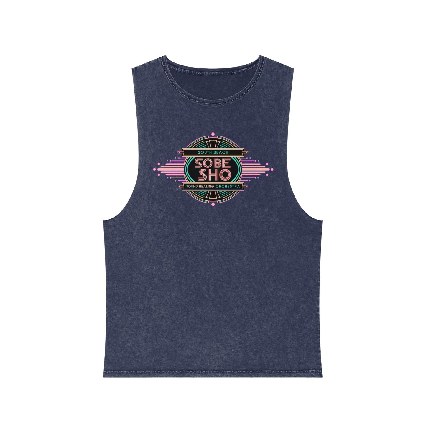 Sunwashed Flow Unisex Stonewash Tank Top, South Beach Sound Healing Orchestra x [dNASAb] collaboration,Breathable Beachwear for Sound Healing Sessions, Movement Practices [Front Print Only]