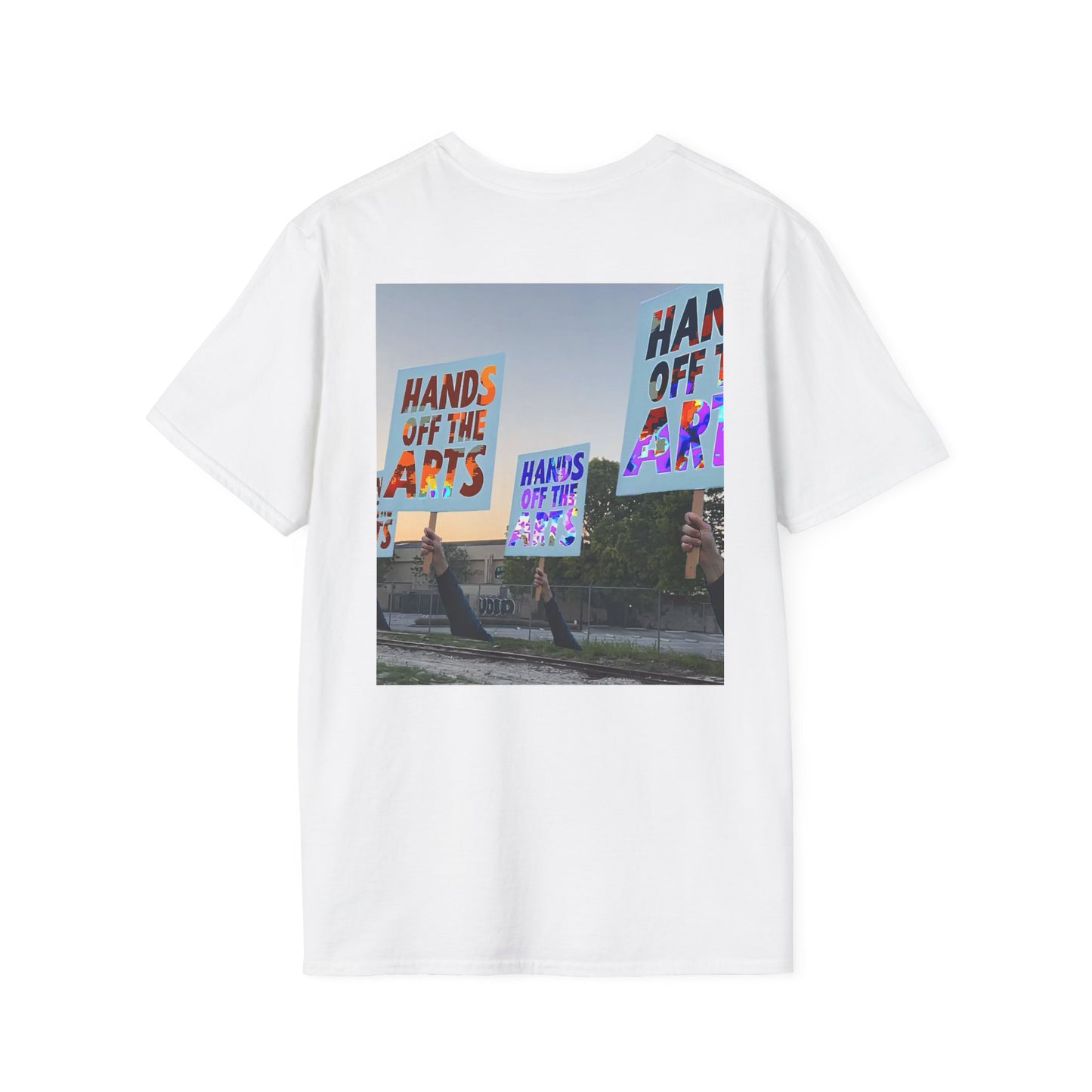 T-Shirt "Hands Off The Arts" Disruptive Media Arts™ Logo Tee – Signal Gear™ Core Uniform [Front + Back Print] Softstyle, Unisex Tee