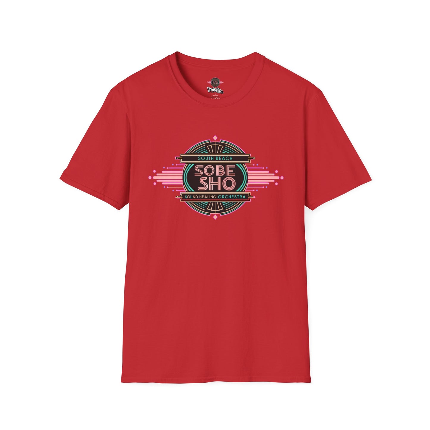 Retro Resonance Unisex Softstyle T-Shirt, South Beach Sound Healing Orchestra x [dNASAb] merch, Mindful Graphic Tee for Beach Days, Sound Healing Vibes [Front +Back Print]