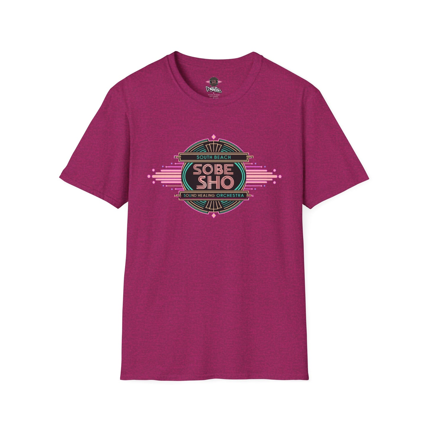 Retro Resonance Unisex Softstyle T-Shirt, South Beach Sound Healing Orchestra x [dNASAb] merch, Mindful Graphic Tee for Beach Days, Sound Healing Vibes [Front +Back Print]