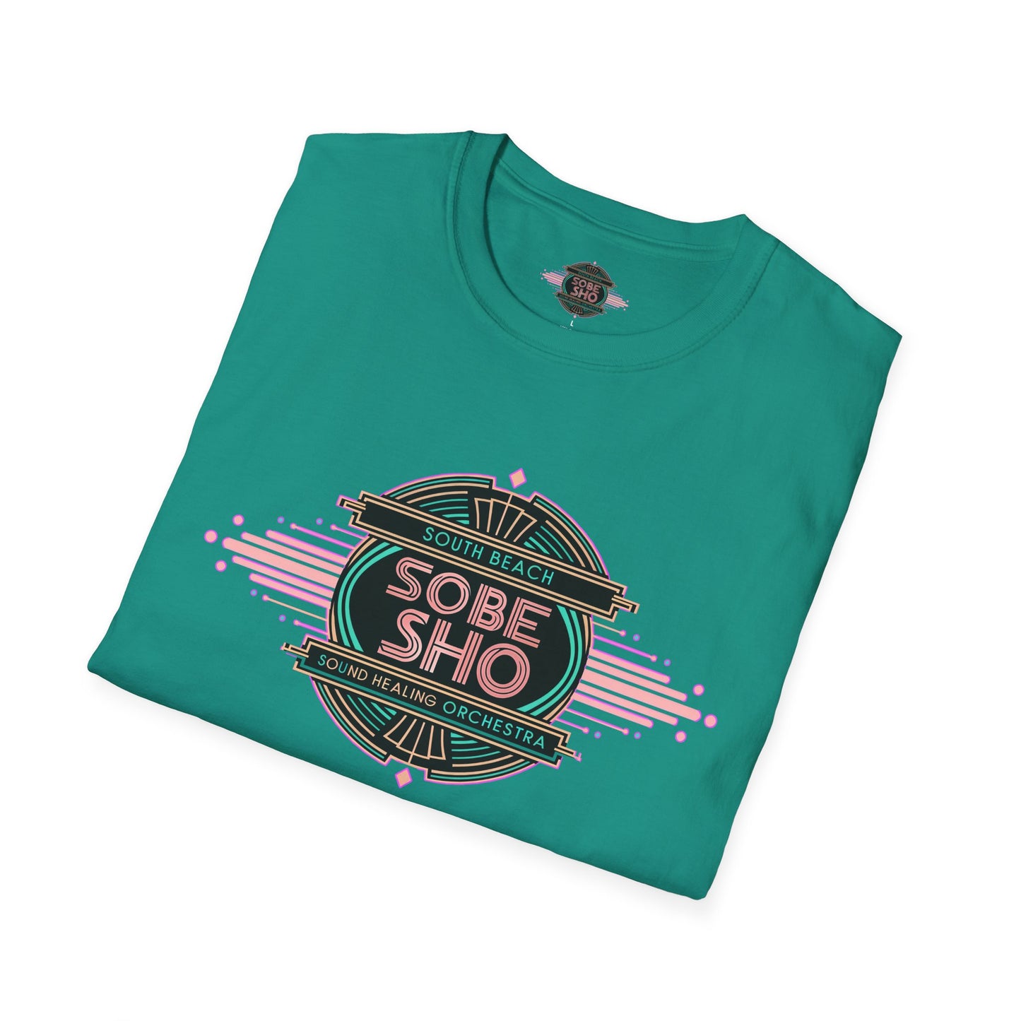 Retro Resonance  Unisex Softstyle T-Shirt, South Beach Sound Healing Orchestra x [dNASAb] merch, Mindful Graphic Tee for Beach Days, Sound Healing Vibes & Everyday Ease (front print only)