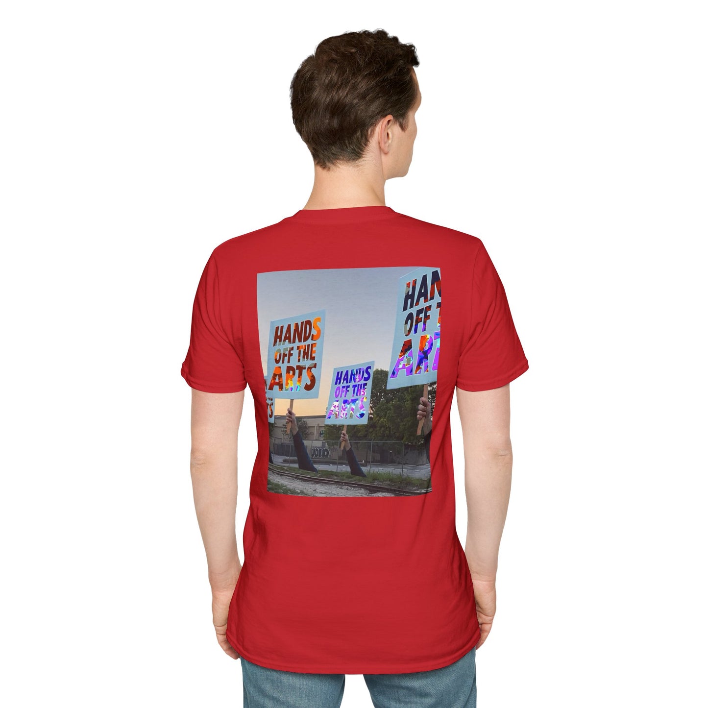 T-Shirt "Hands Off The Arts" Disruptive Media Arts™ Logo Tee – Signal Gear™ Core Uniform [Front + Back Print] Softstyle, Unisex Tee