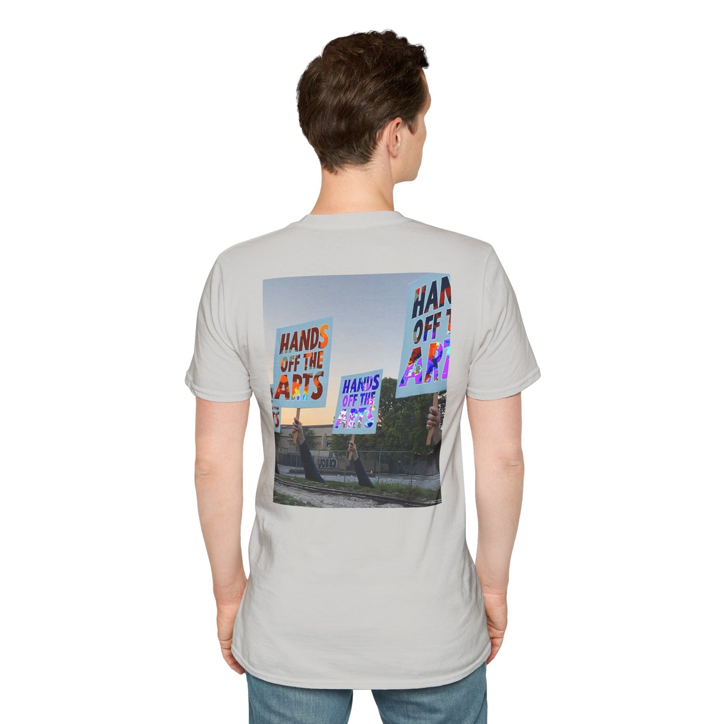 T-Shirt "Hands Off The Arts" Disruptive Media Arts™ Logo Tee – Signal Gear™ Core Uniform [Front + Back Print] Softstyle, Unisex Tee