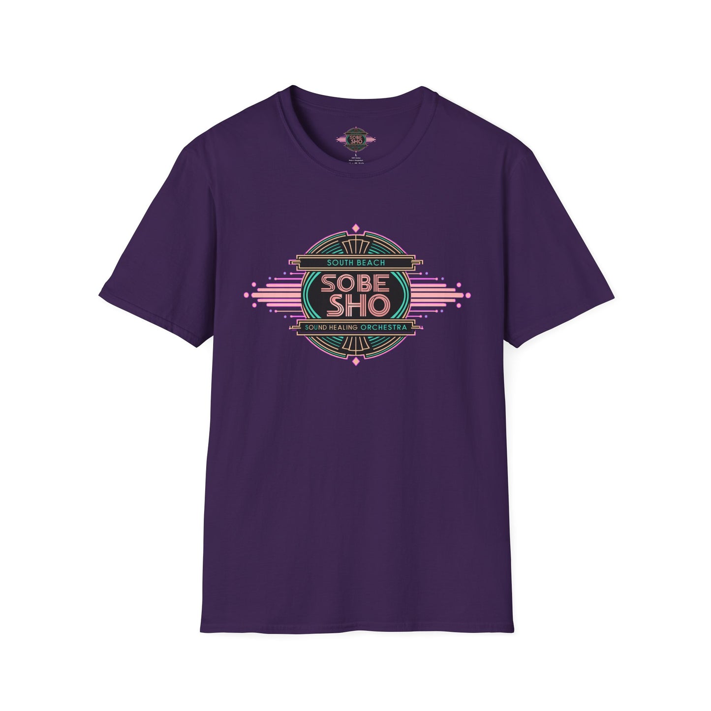 Retro Resonance  Unisex Softstyle T-Shirt, South Beach Sound Healing Orchestra x [dNASAb] merch, Mindful Graphic Tee for Beach Days, Sound Healing Vibes & Everyday Ease (front print only)