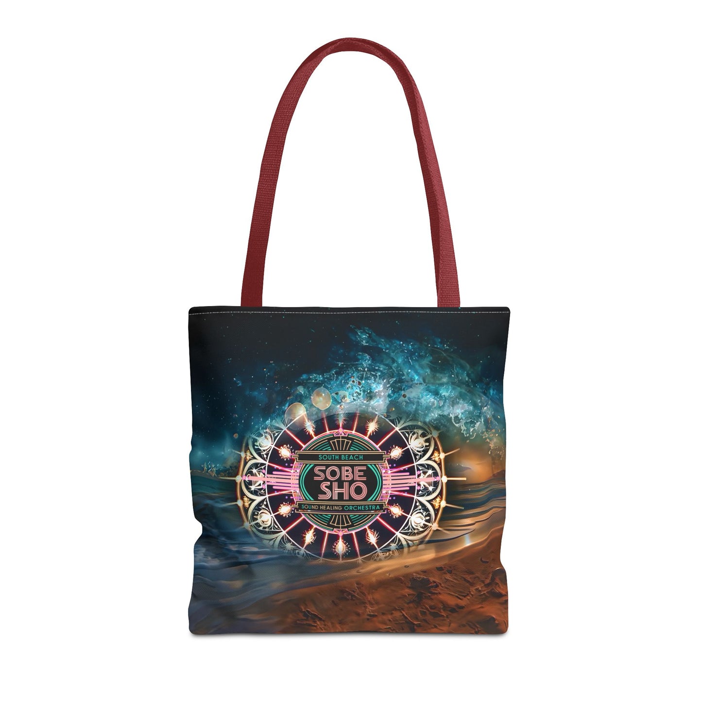 “Carry the Frequency” Vibrant Cosmic Tote Bag | AOP | South Beach Sound Healing Orchestra x [dNASAb] collection, Perfect for Everyday, Beach Days, Gifts, Shopping, Festivals