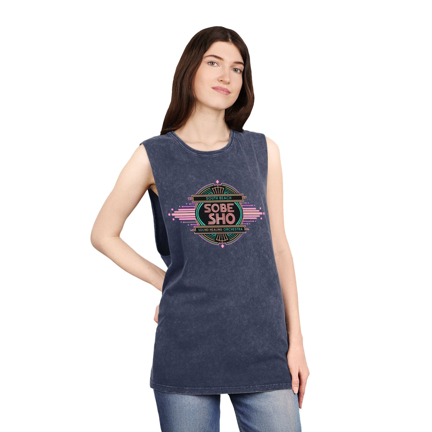 Sunwashed Flow Unisex Stonewash Tank Top, South Beach Sound Healing Orchestra x [dNASAb] collaboration,Breathable Beachwear for Sound Healing Sessions, Movement Practices [Front Print Only]