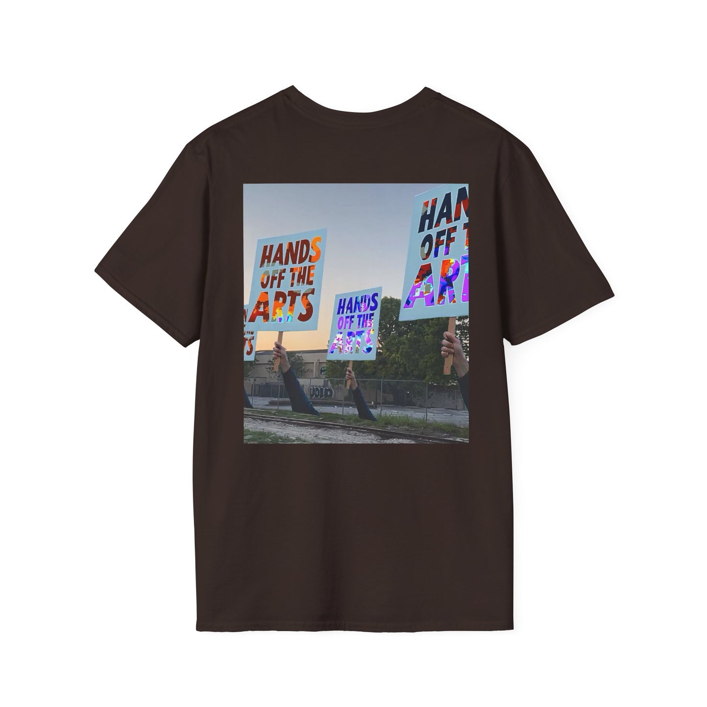 T-Shirt "Hands Off The Arts" Disruptive Media Arts™ Logo Tee – Signal Gear™ Core Uniform [Front + Back Print] Softstyle, Unisex Tee