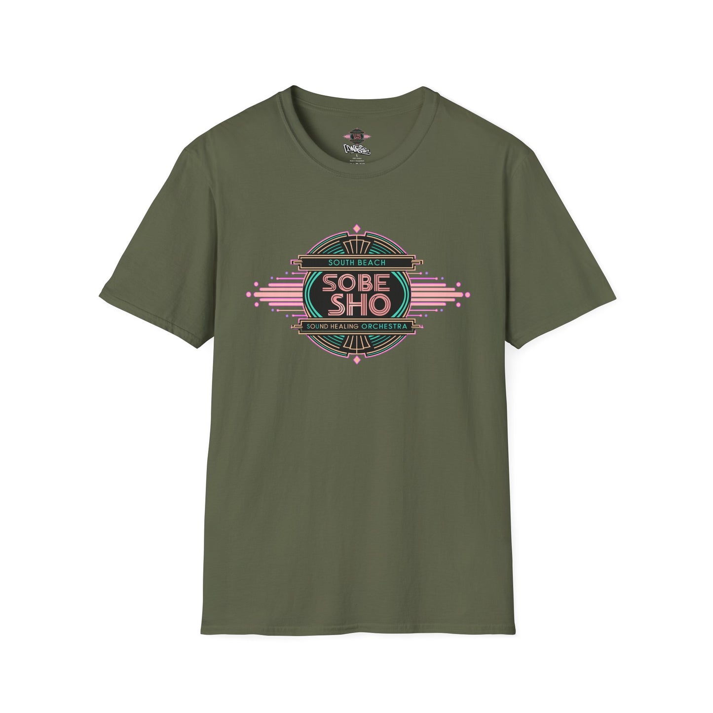 Retro Resonance Unisex Softstyle T-Shirt, South Beach Sound Healing Orchestra x [dNASAb] merch, Mindful Graphic Tee for Beach Days, Sound Healing Vibes [Front +Back Print]