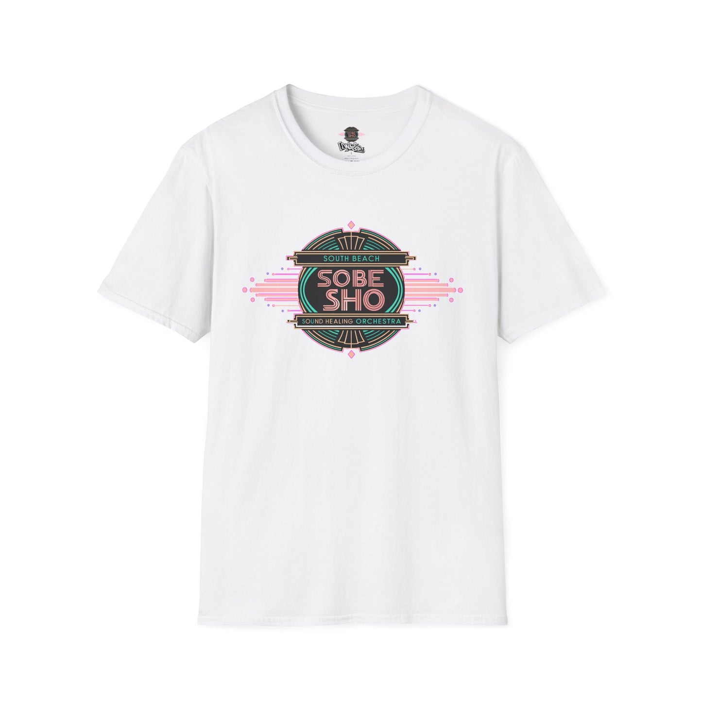 Retro Resonance Unisex Softstyle T-Shirt, South Beach Sound Healing Orchestra x [dNASAb] merch, Mindful Graphic Tee for Beach Days, Sound Healing Vibes [Front +Back Print]
