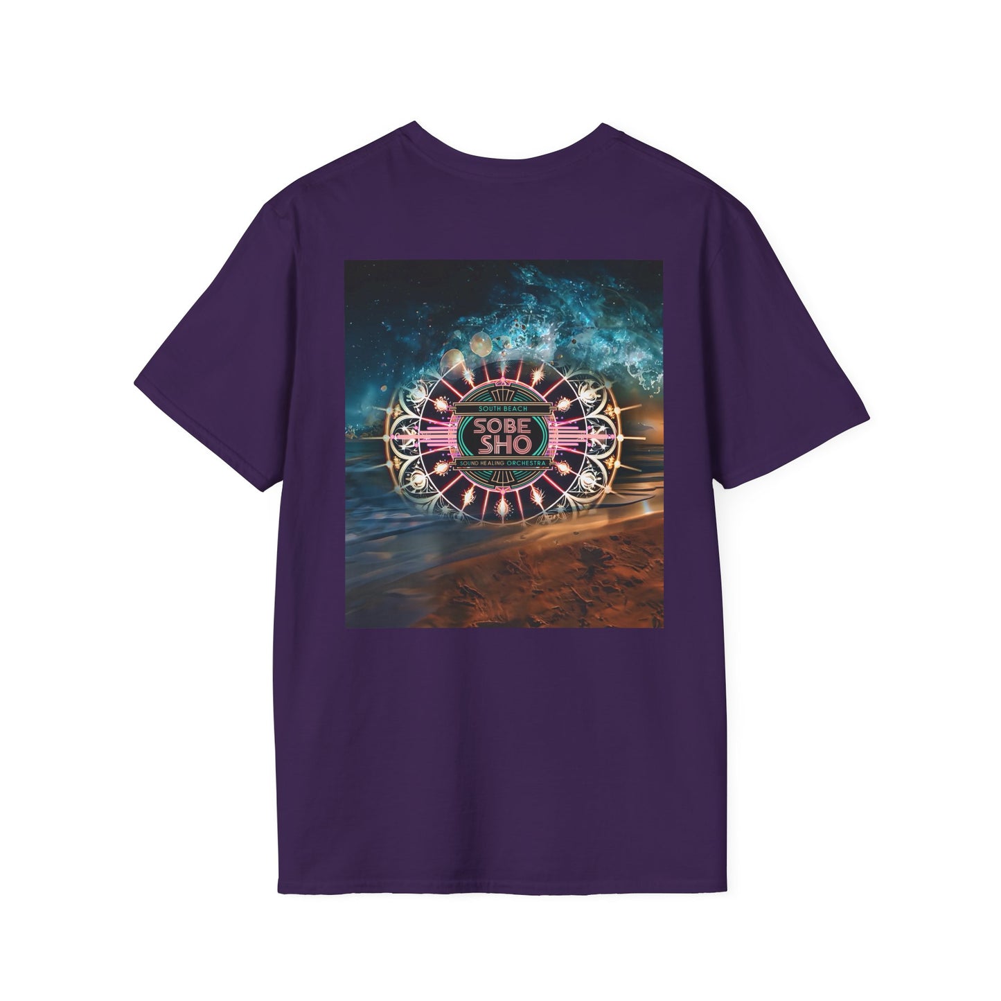 Retro Resonance Unisex Softstyle T-Shirt, South Beach Sound Healing Orchestra x [dNASAb] merch, Mindful Graphic Tee for Beach Days, Sound Healing Vibes [Front +Back Print]