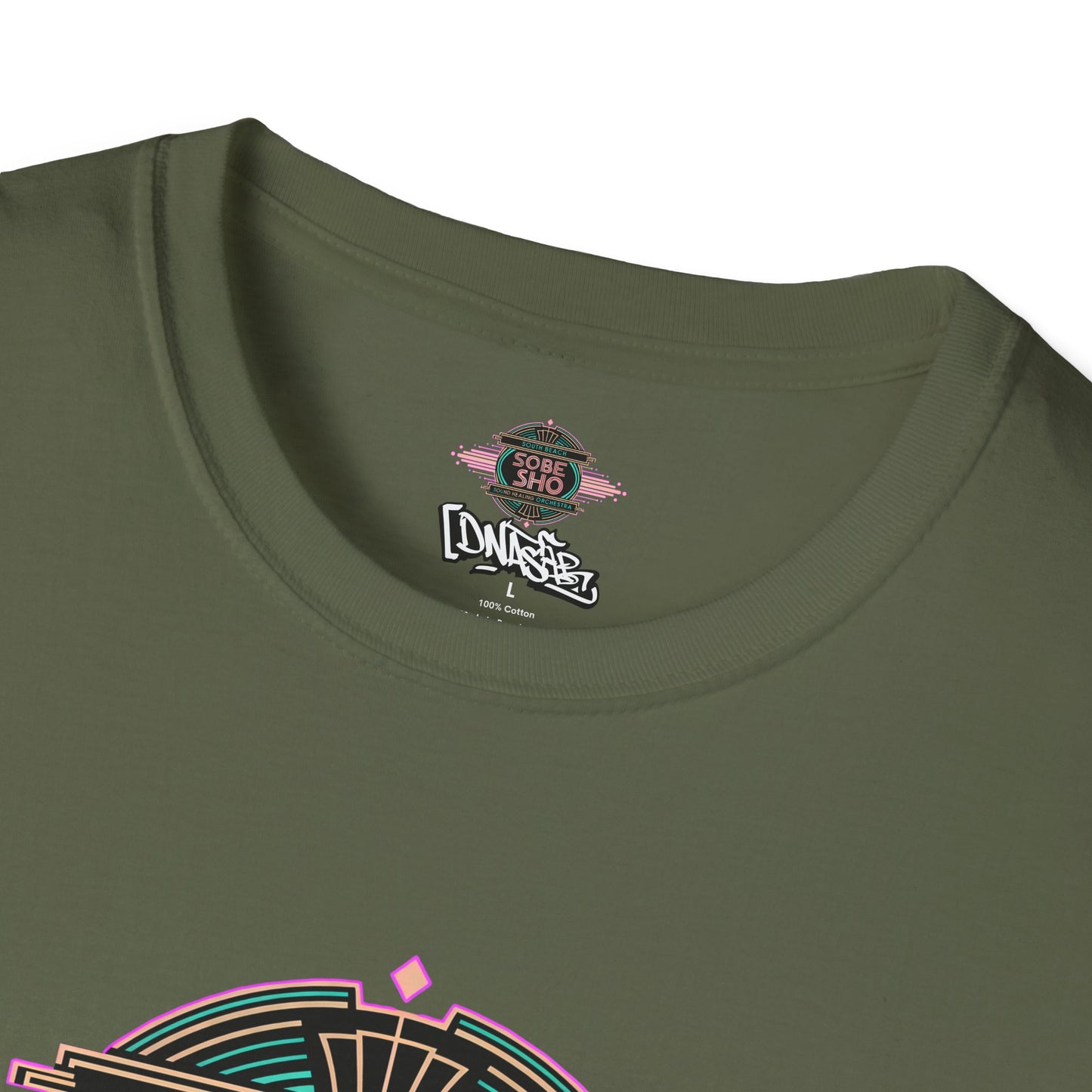 Retro Resonance Unisex Softstyle T-Shirt, South Beach Sound Healing Orchestra x [dNASAb] merch, Mindful Graphic Tee for Beach Days, Sound Healing Vibes [Front +Back Print]