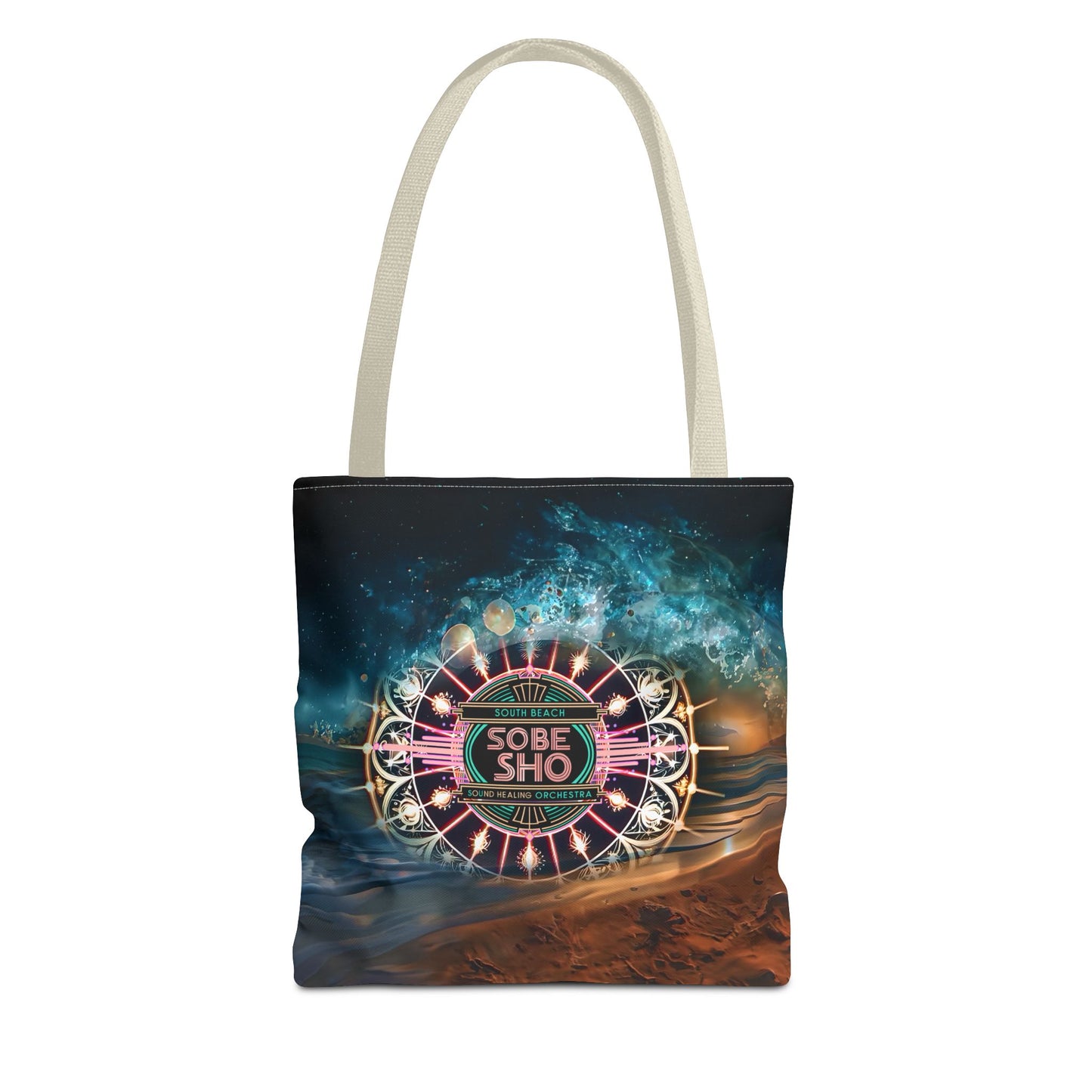 “Carry the Frequency” Vibrant Cosmic Tote Bag | AOP | South Beach Sound Healing Orchestra x [dNASAb] collection, Perfect for Everyday, Beach Days, Gifts, Shopping, Festivals