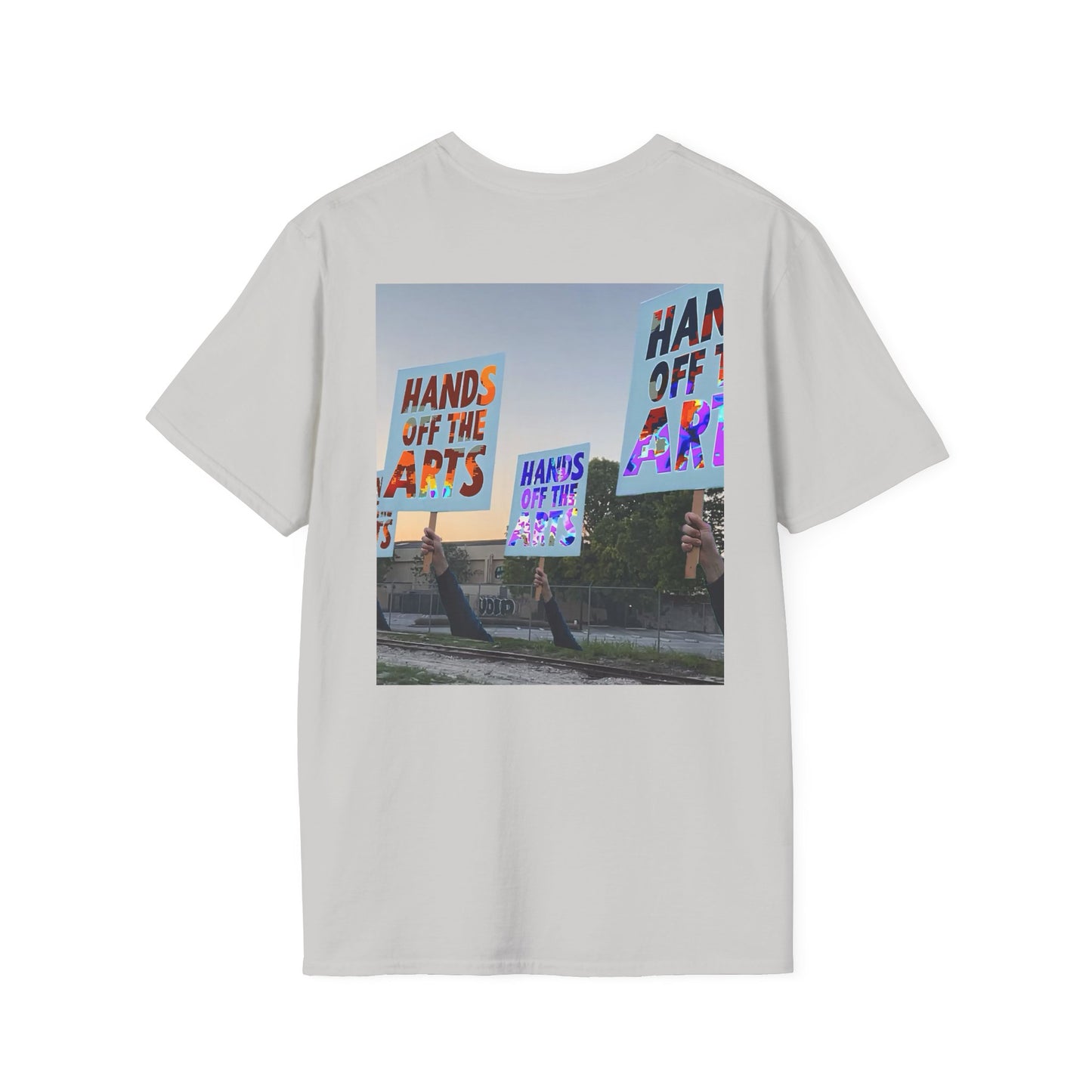 T-Shirt "Hands Off The Arts" Disruptive Media Arts™ Logo Tee – Signal Gear™ Core Uniform [Front + Back Print] Softstyle, Unisex Tee