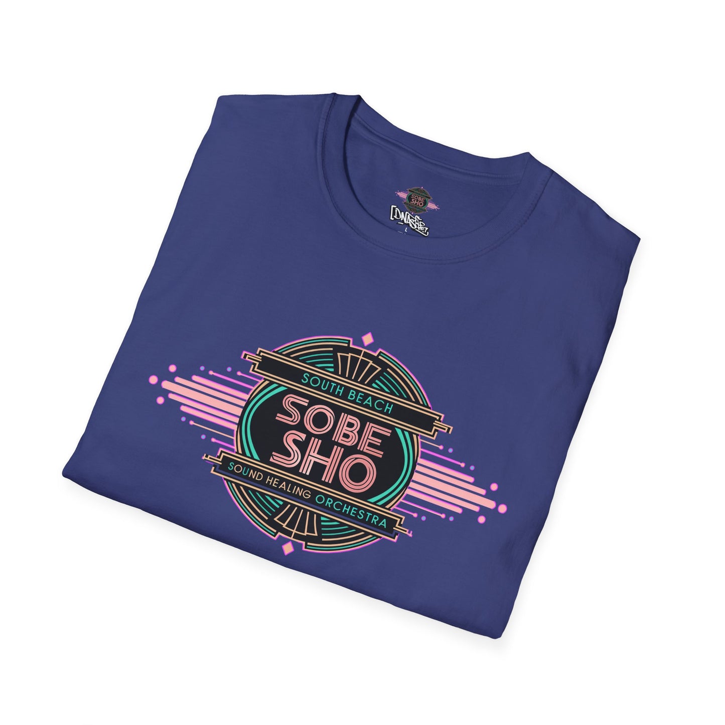 Retro Resonance Unisex Softstyle T-Shirt, South Beach Sound Healing Orchestra x [dNASAb] merch, Mindful Graphic Tee for Beach Days, Sound Healing Vibes [Front +Back Print]