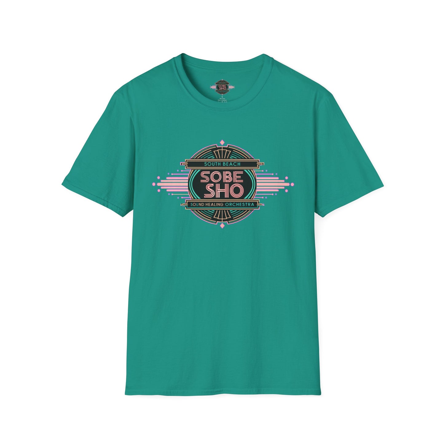 Retro Resonance  Unisex Softstyle T-Shirt, South Beach Sound Healing Orchestra x [dNASAb] merch, Mindful Graphic Tee for Beach Days, Sound Healing Vibes & Everyday Ease (front print only)