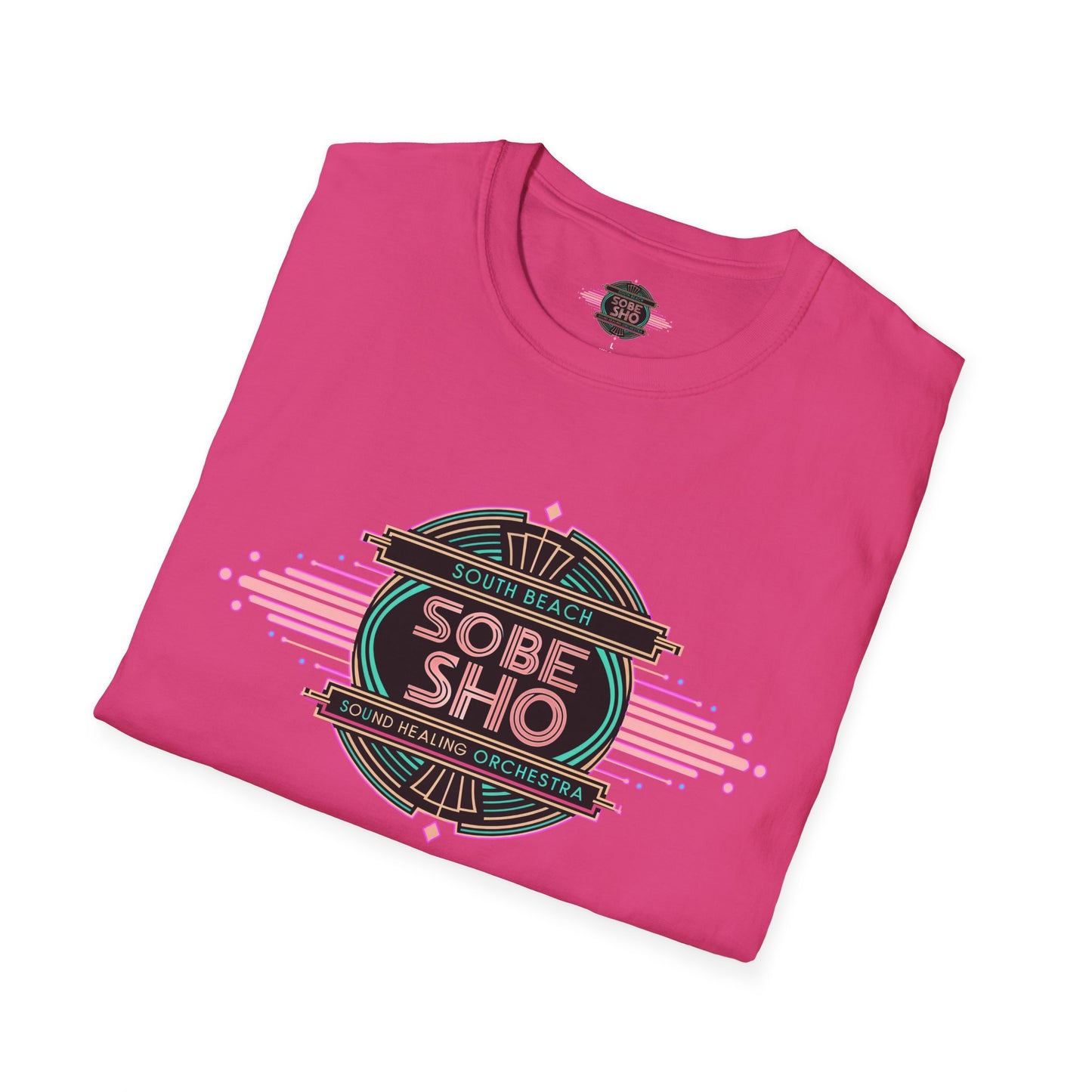 Retro Resonance  Unisex Softstyle T-Shirt, South Beach Sound Healing Orchestra x [dNASAb] merch, Mindful Graphic Tee for Beach Days, Sound Healing Vibes & Everyday Ease (front print only)
