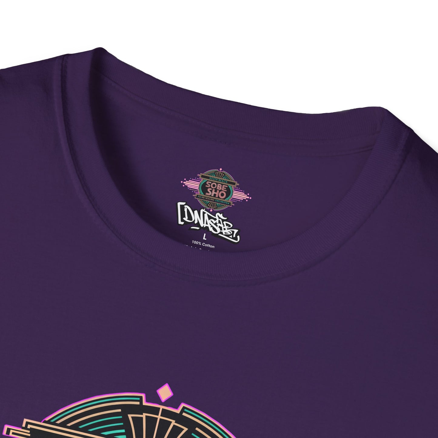 Retro Resonance Unisex Softstyle T-Shirt, South Beach Sound Healing Orchestra x [dNASAb] merch, Mindful Graphic Tee for Beach Days, Sound Healing Vibes [Front +Back Print]