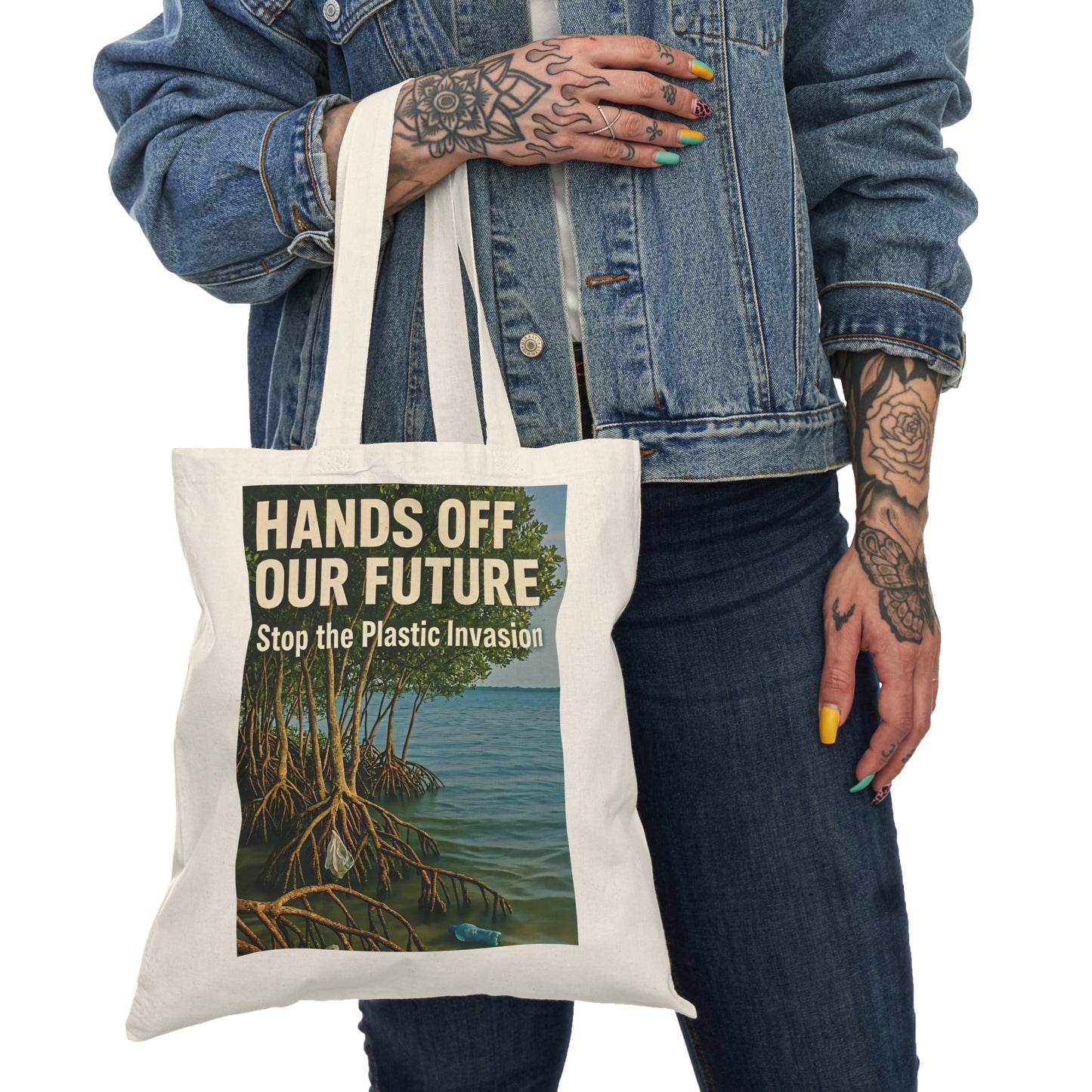 Natural Tote Bag “Hands Off Our Future,Stop the Plastic Invasion” Tote – Signal Gear™ Utility Carrier