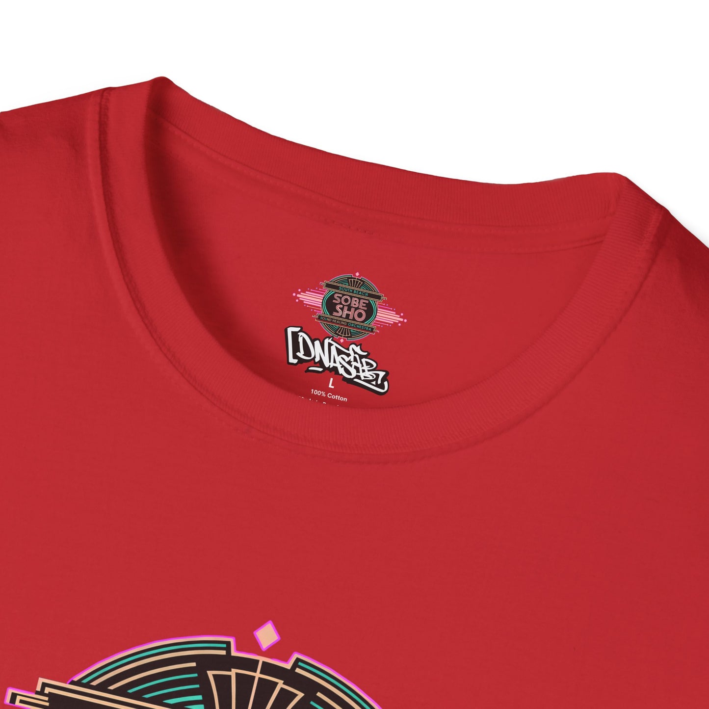 Retro Resonance Unisex Softstyle T-Shirt, South Beach Sound Healing Orchestra x [dNASAb] merch, Mindful Graphic Tee for Beach Days, Sound Healing Vibes [Front +Back Print]