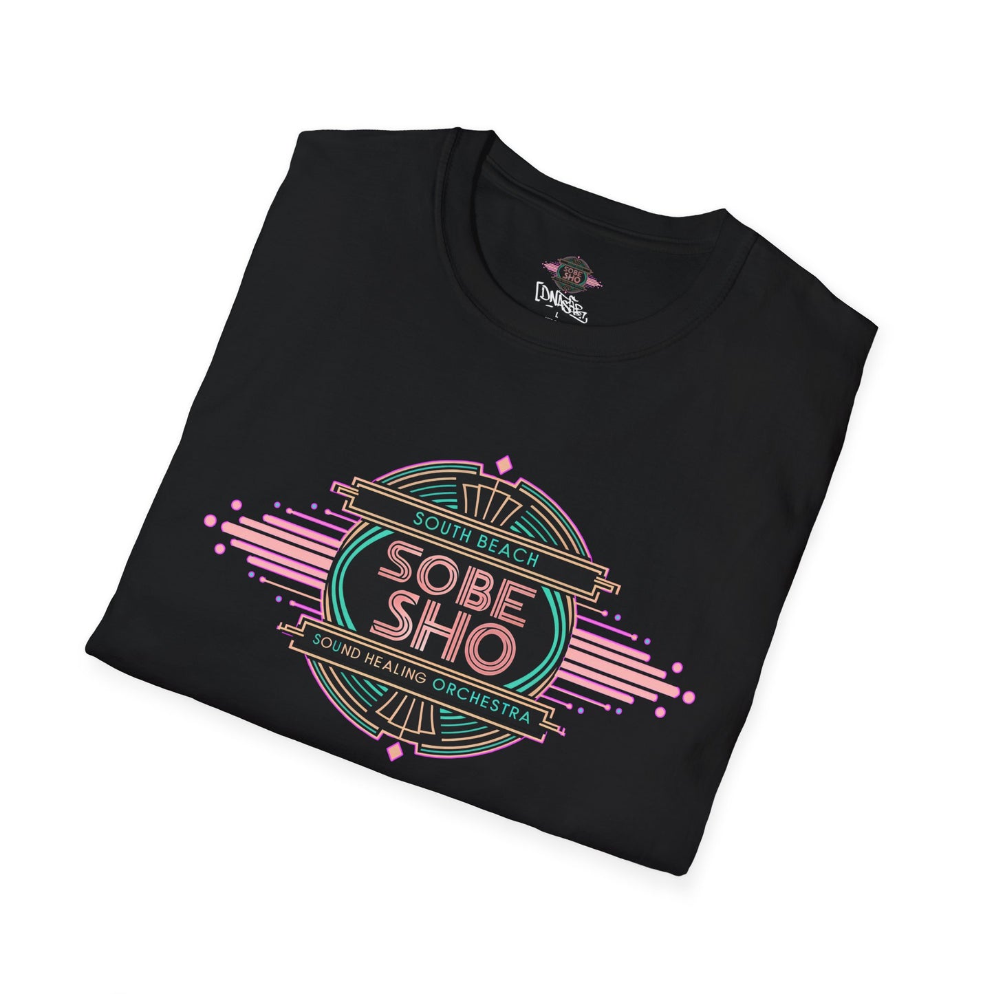 Retro Resonance Unisex Softstyle T-Shirt, South Beach Sound Healing Orchestra x [dNASAb] merch, Mindful Graphic Tee for Beach Days, Sound Healing Vibes [Front +Back Print]