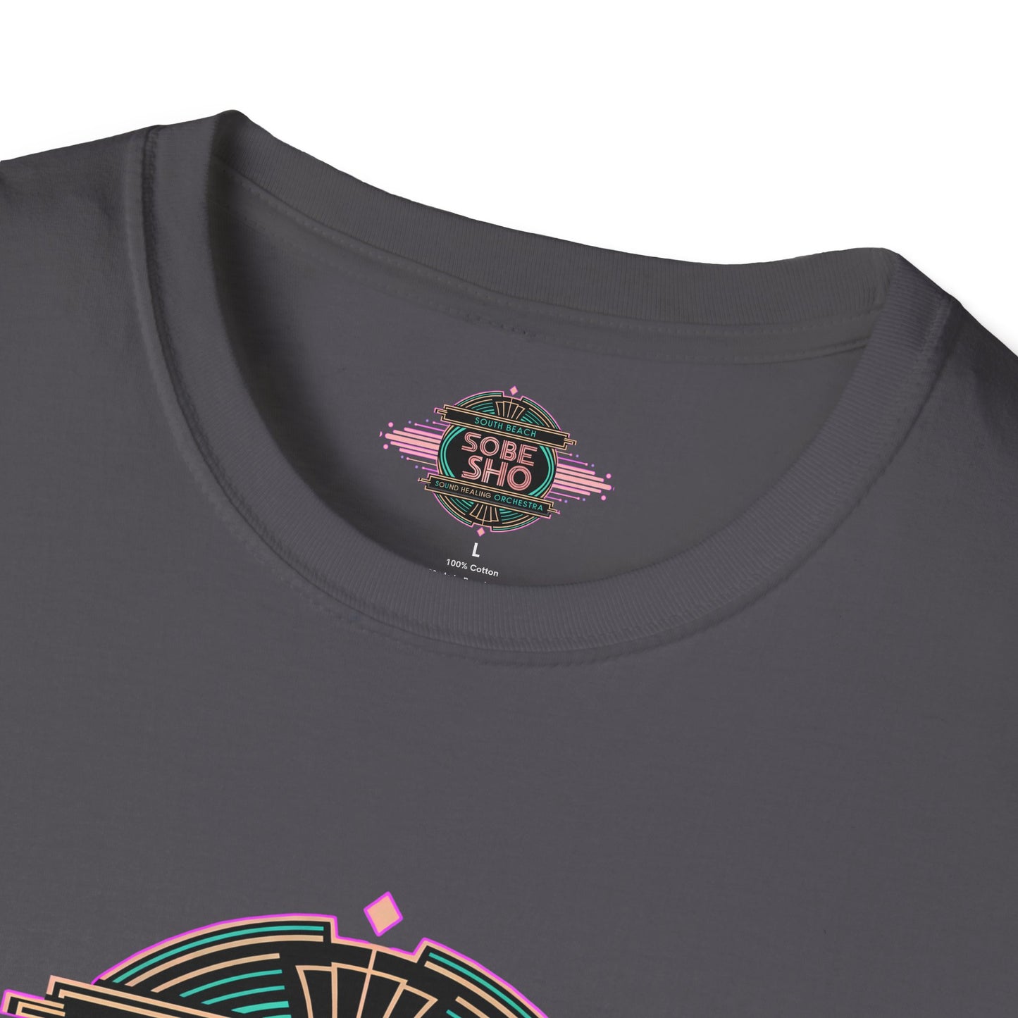 Retro Resonance  Unisex Softstyle T-Shirt, South Beach Sound Healing Orchestra x [dNASAb] merch, Mindful Graphic Tee for Beach Days, Sound Healing Vibes & Everyday Ease (front print only)