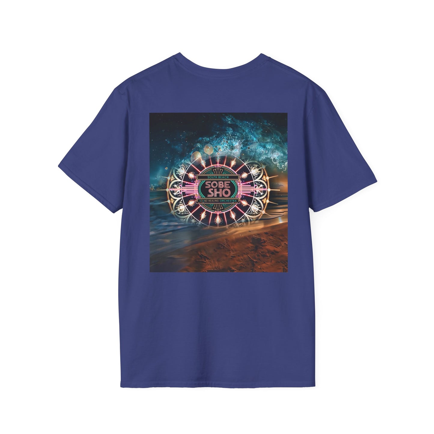 Retro Resonance Unisex Softstyle T-Shirt, South Beach Sound Healing Orchestra x [dNASAb] merch, Mindful Graphic Tee for Beach Days, Sound Healing Vibes [Front +Back Print]
