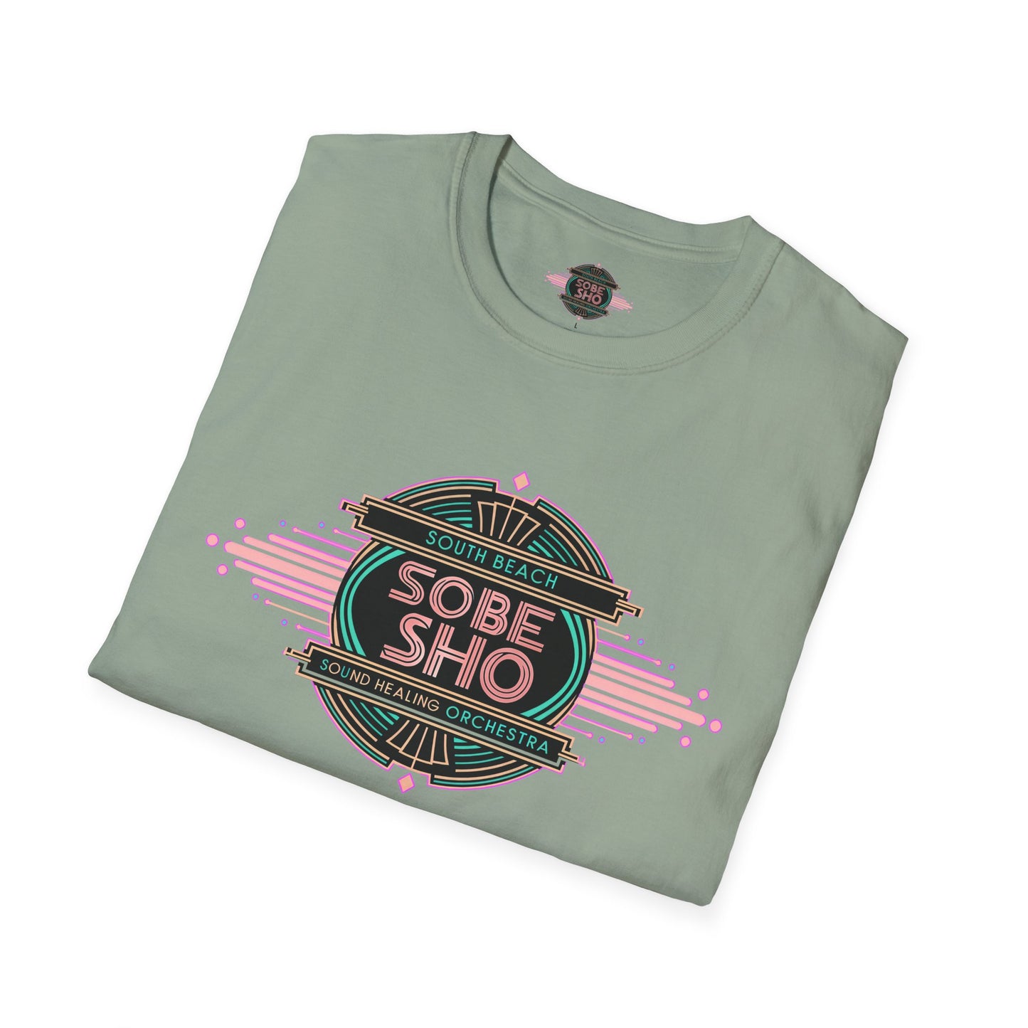 Retro Resonance  Unisex Softstyle T-Shirt, South Beach Sound Healing Orchestra x [dNASAb] merch, Mindful Graphic Tee for Beach Days, Sound Healing Vibes & Everyday Ease (front print only)