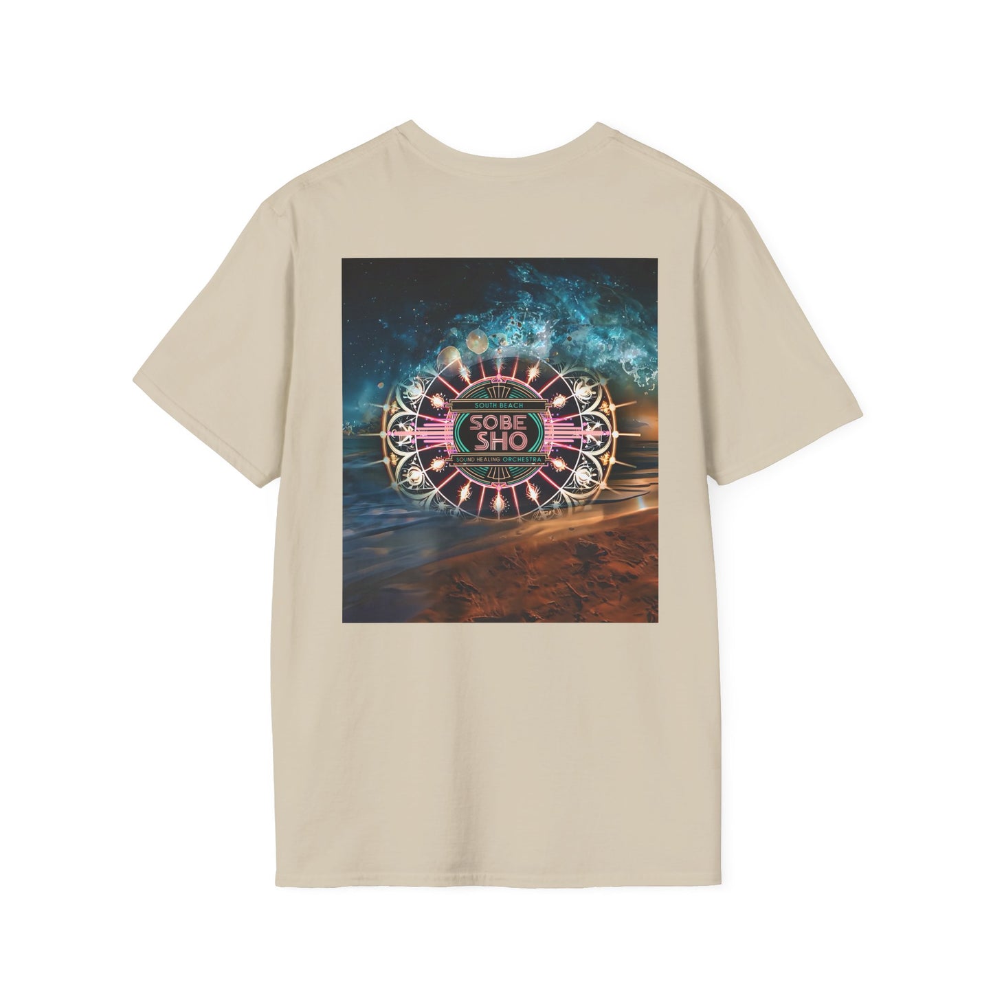 Retro Resonance Unisex Softstyle T-Shirt, South Beach Sound Healing Orchestra x [dNASAb] merch, Mindful Graphic Tee for Beach Days, Sound Healing Vibes [Front +Back Print]