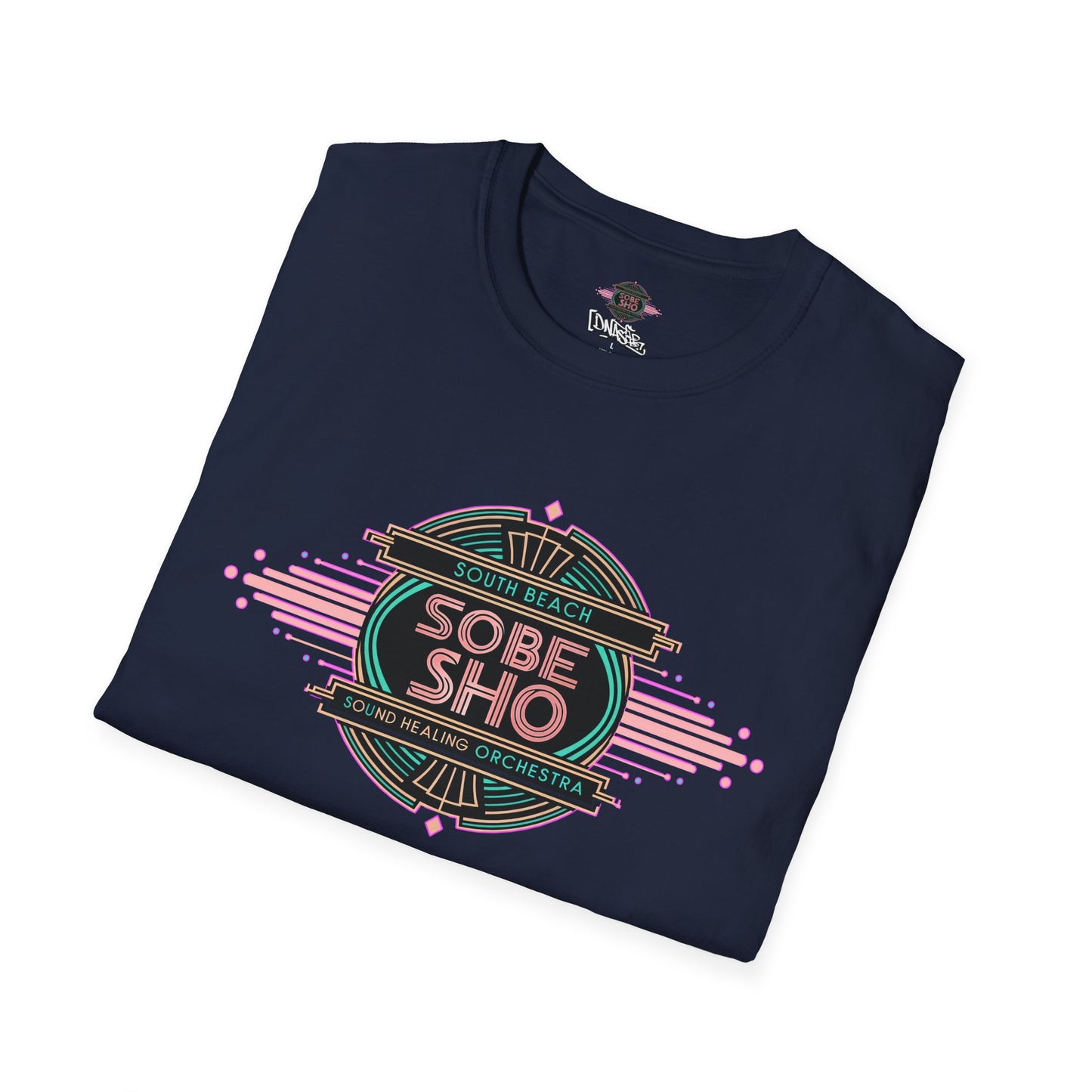Retro Resonance Unisex Softstyle T-Shirt, South Beach Sound Healing Orchestra x [dNASAb] merch, Mindful Graphic Tee for Beach Days, Sound Healing Vibes [Front +Back Print]