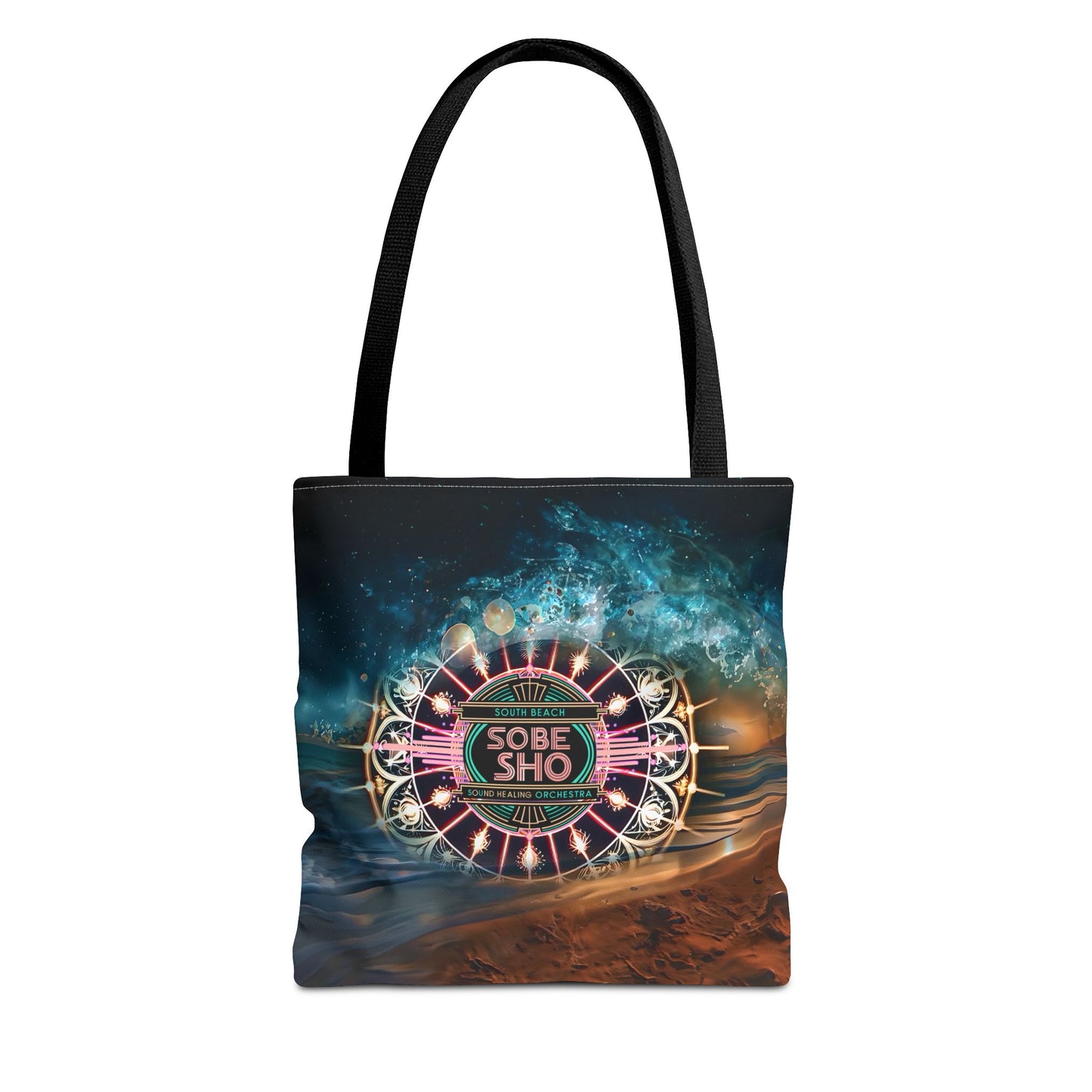 “Carry the Frequency” Vibrant Cosmic Tote Bag | AOP | South Beach Sound Healing Orchestra x [dNASAb] collection, Perfect for Everyday, Beach Days, Gifts, Shopping, Festivals