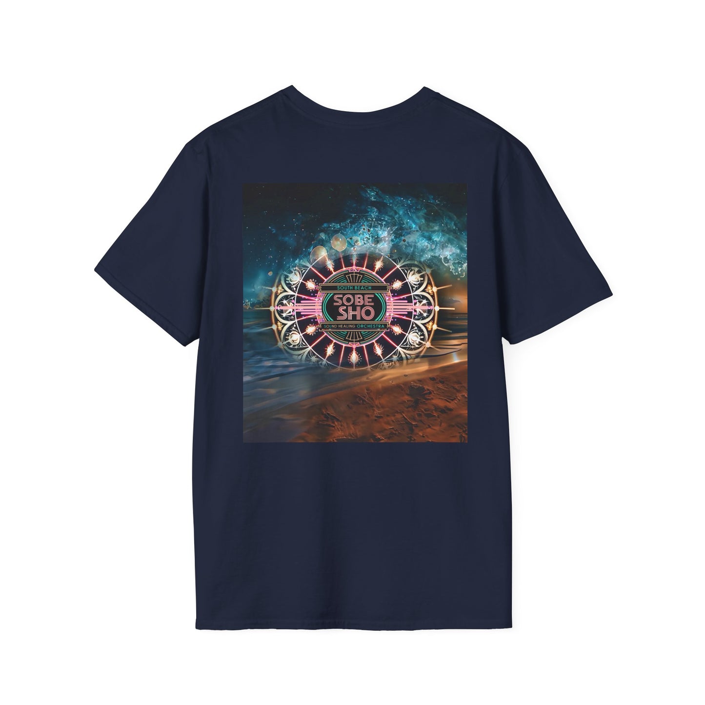 Retro Resonance Unisex Softstyle T-Shirt, South Beach Sound Healing Orchestra x [dNASAb] merch, Mindful Graphic Tee for Beach Days, Sound Healing Vibes [Front +Back Print]