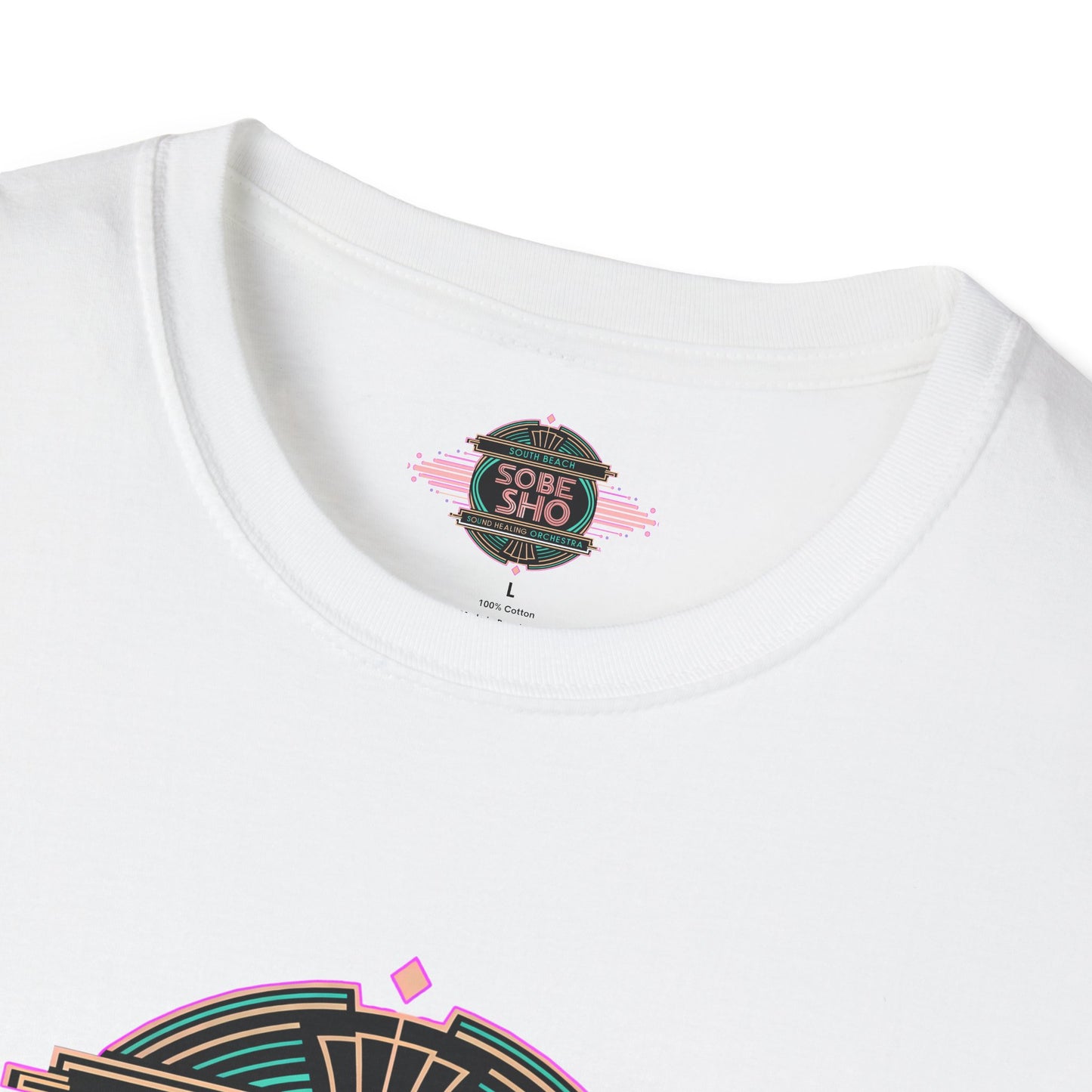 Retro Resonance  Unisex Softstyle T-Shirt, South Beach Sound Healing Orchestra x [dNASAb] merch, Mindful Graphic Tee for Beach Days, Sound Healing Vibes & Everyday Ease (front print only)