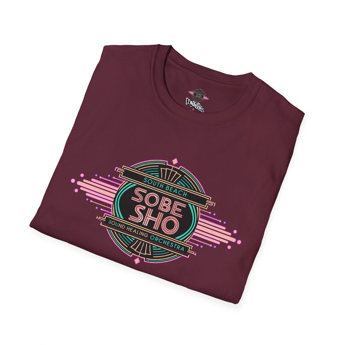 Retro Resonance Unisex Softstyle T-Shirt, South Beach Sound Healing Orchestra x [dNASAb] merch, Mindful Graphic Tee for Beach Days, Sound Healing Vibes [Front +Back Print]