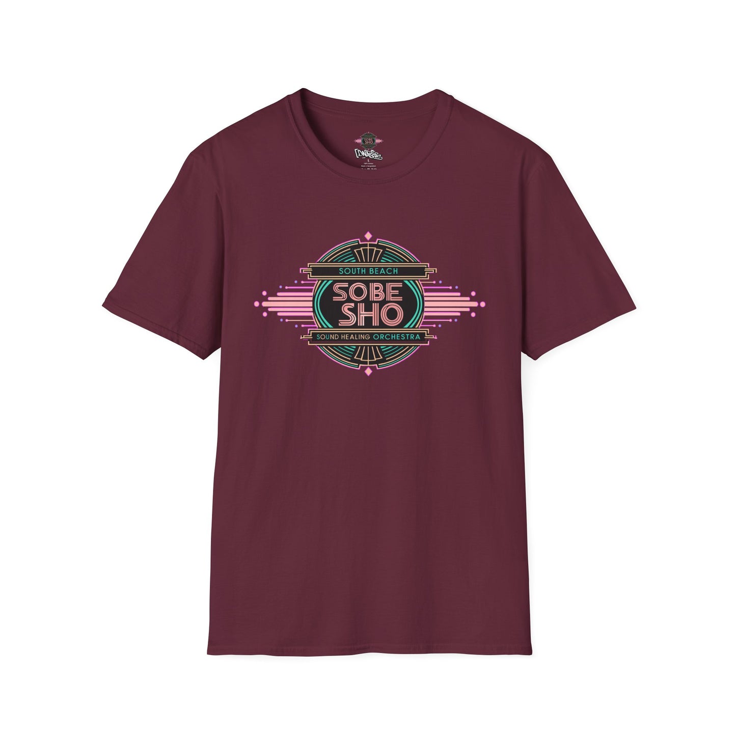 Retro Resonance Unisex Softstyle T-Shirt, South Beach Sound Healing Orchestra x [dNASAb] merch, Mindful Graphic Tee for Beach Days, Sound Healing Vibes [Front +Back Print]