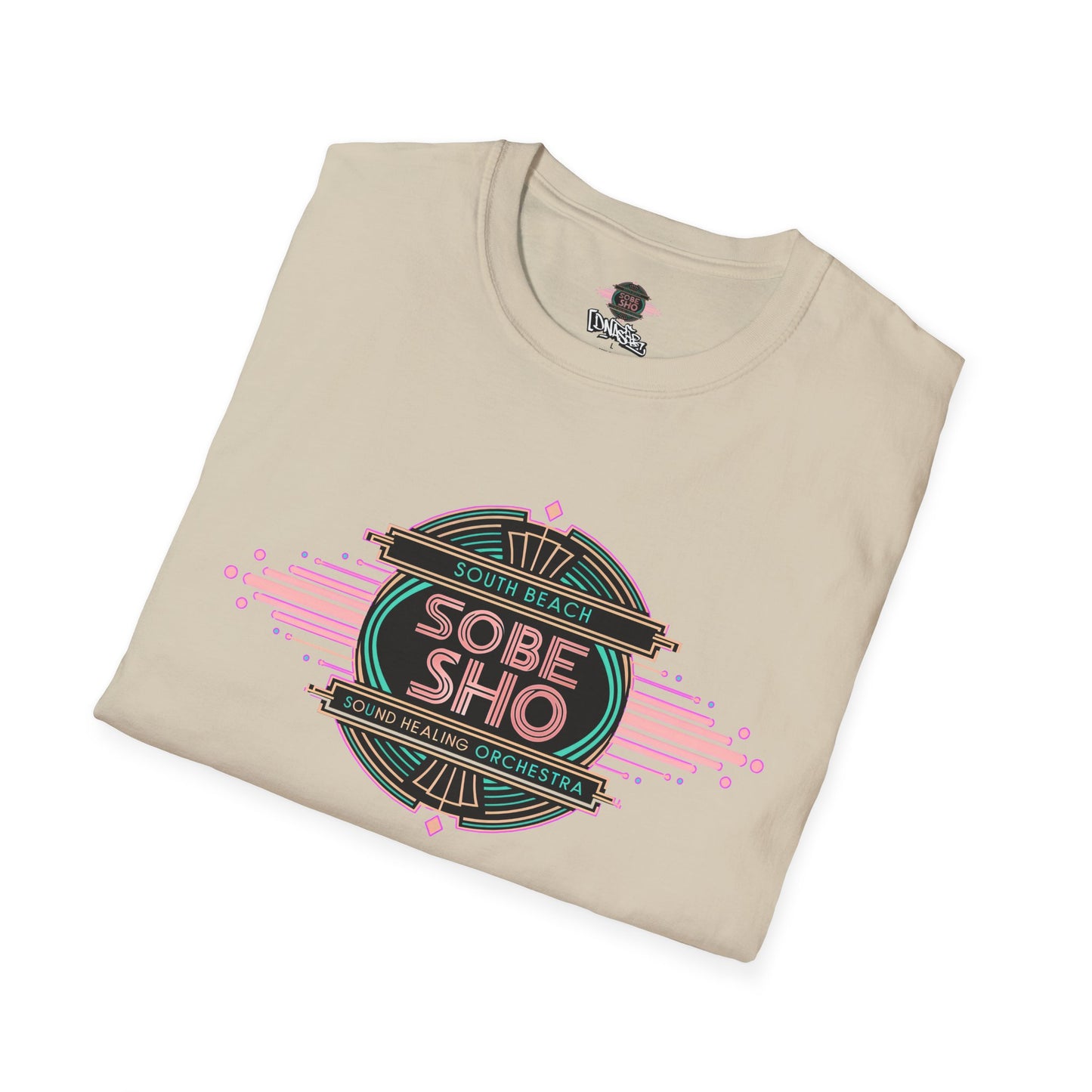 Retro Resonance Unisex Softstyle T-Shirt, South Beach Sound Healing Orchestra x [dNASAb] merch, Mindful Graphic Tee for Beach Days, Sound Healing Vibes [Front +Back Print]