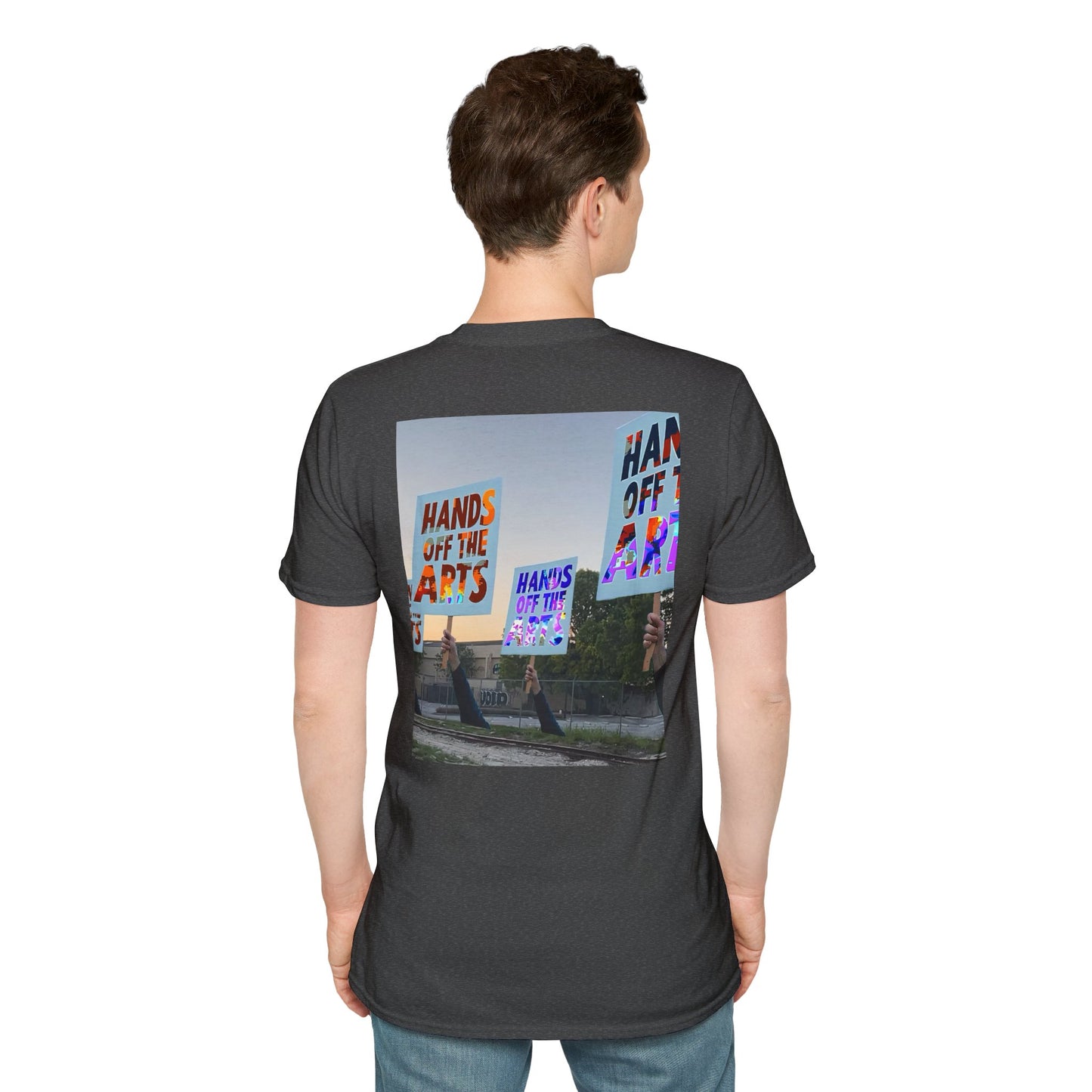 T-Shirt "Hands Off The Arts" Disruptive Media Arts™ Logo Tee – Signal Gear™ Core Uniform [Front + Back Print] Softstyle, Unisex Tee