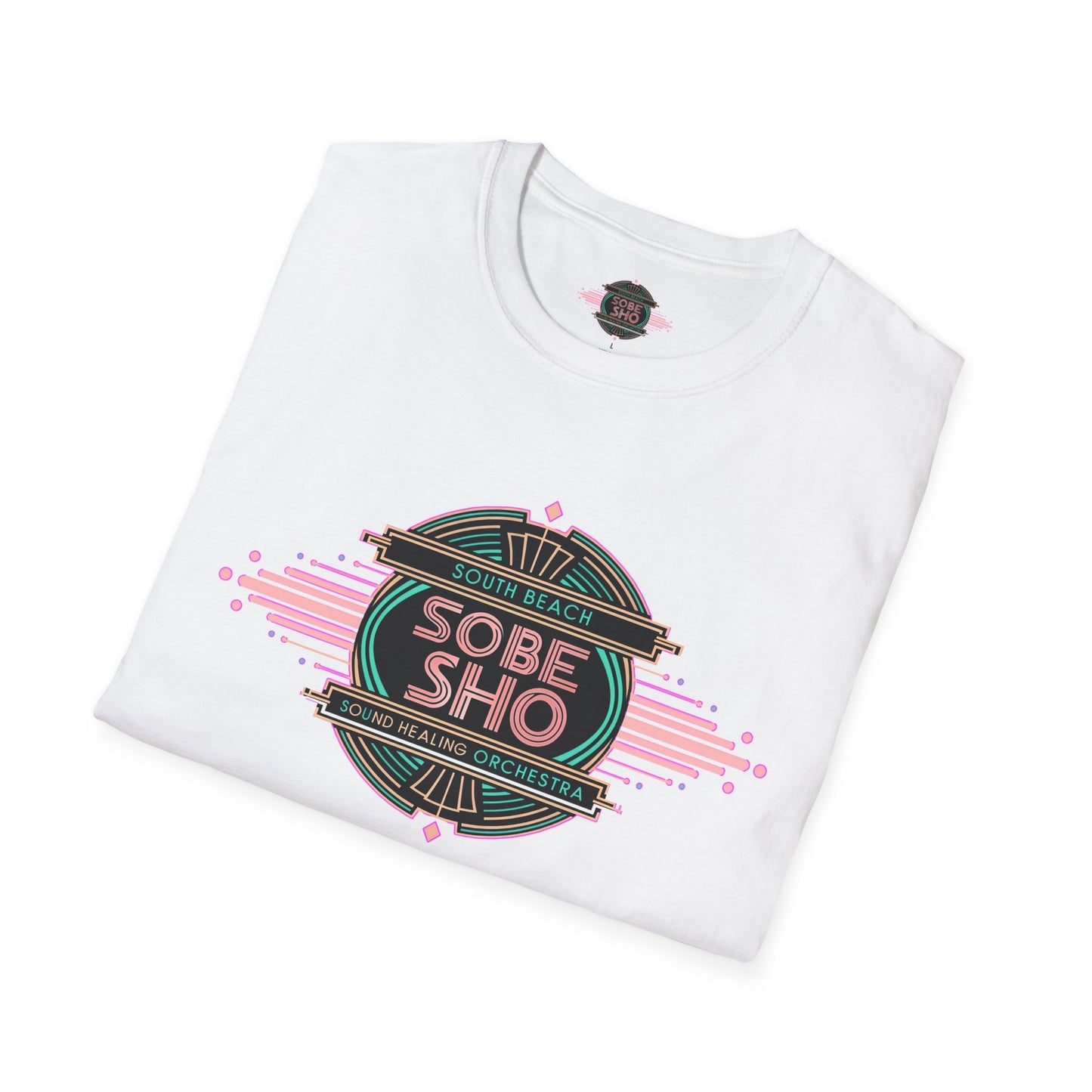 Retro Resonance  Unisex Softstyle T-Shirt, South Beach Sound Healing Orchestra x [dNASAb] merch, Mindful Graphic Tee for Beach Days, Sound Healing Vibes & Everyday Ease (front print only)
