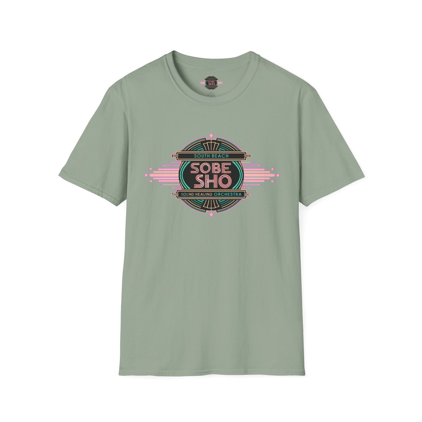 Retro Resonance  Unisex Softstyle T-Shirt, South Beach Sound Healing Orchestra x [dNASAb] merch, Mindful Graphic Tee for Beach Days, Sound Healing Vibes & Everyday Ease (front print only)