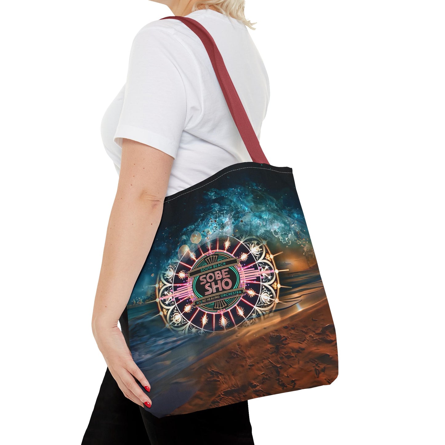 “Carry the Frequency” Vibrant Cosmic Tote Bag | AOP | South Beach Sound Healing Orchestra x [dNASAb] collection, Perfect for Everyday, Beach Days, Gifts, Shopping, Festivals