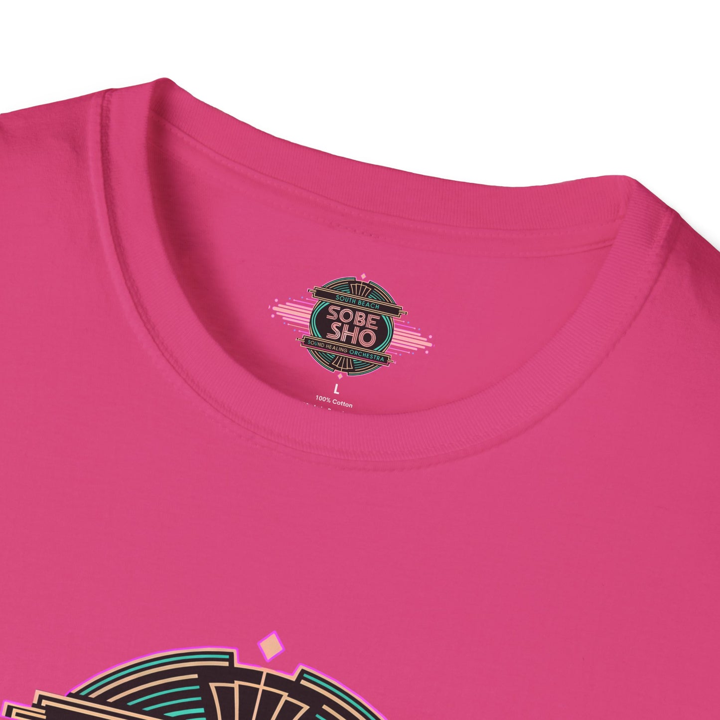 Retro Resonance  Unisex Softstyle T-Shirt, South Beach Sound Healing Orchestra x [dNASAb] merch, Mindful Graphic Tee for Beach Days, Sound Healing Vibes & Everyday Ease (front print only)