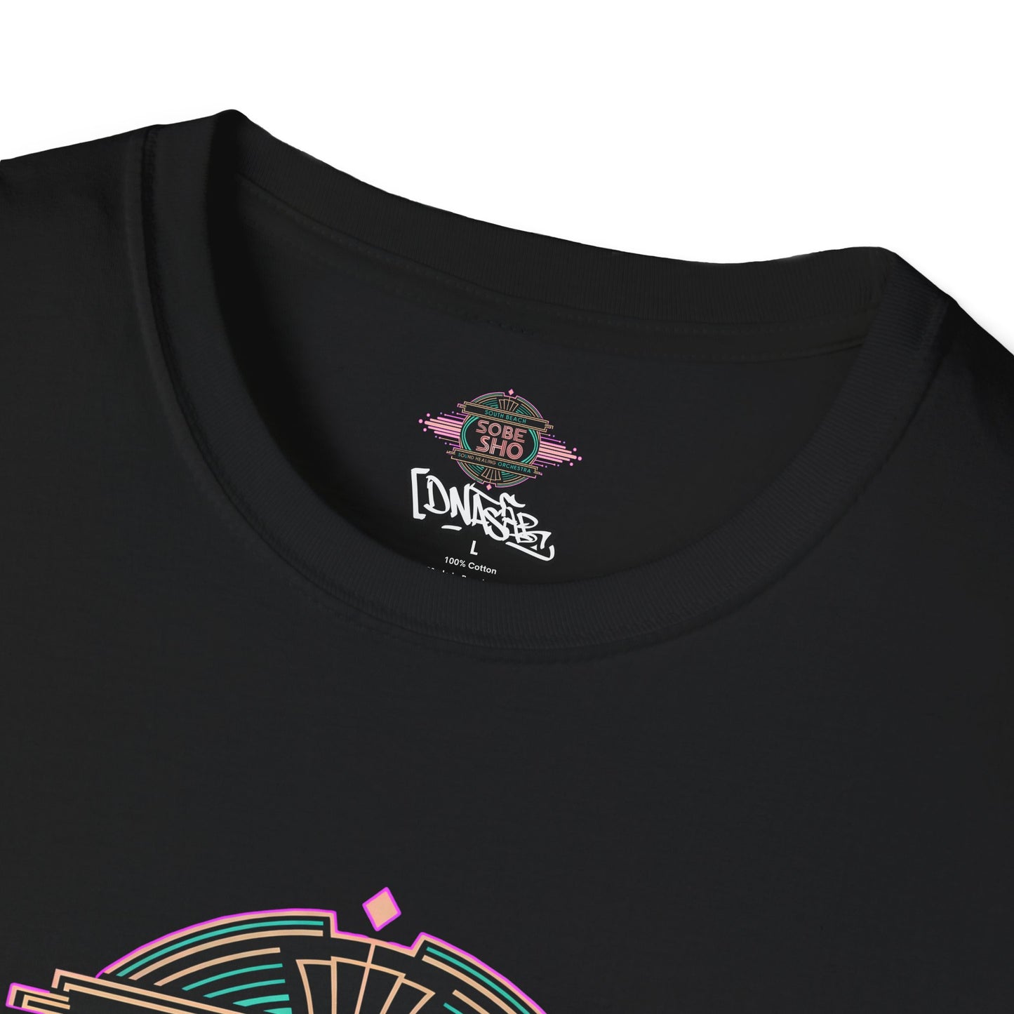 Retro Resonance Unisex Softstyle T-Shirt, South Beach Sound Healing Orchestra x [dNASAb] merch, Mindful Graphic Tee for Beach Days, Sound Healing Vibes [Front +Back Print]