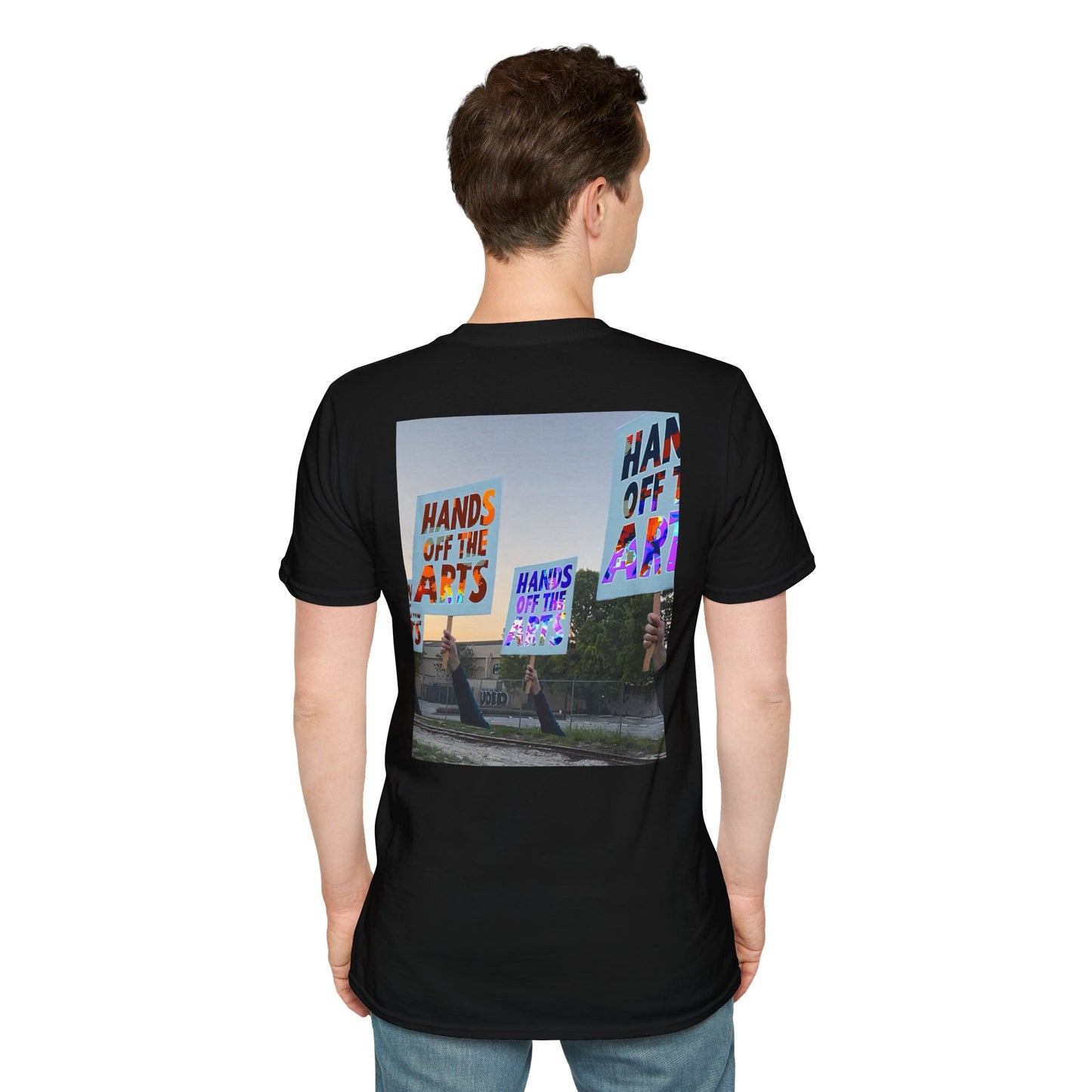 T-Shirt "Hands Off The Arts" Disruptive Media Arts™ Logo Tee – Signal Gear™ Core Uniform [Front + Back Print] Softstyle, Unisex Tee