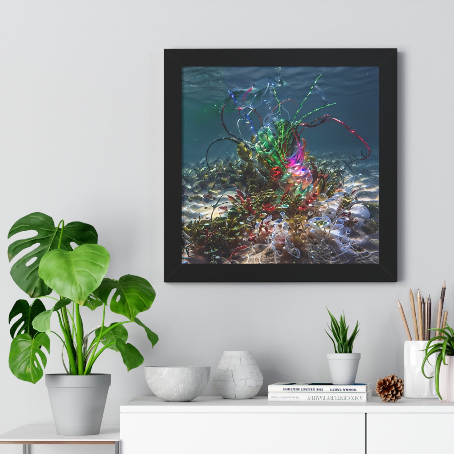 9_[dNASAb] “Faux Ecologies + Augmented Nature-verse #3A” (2024) – Framed Square Art Poster with Augmented Reality | AI-Trained Ocean Debris Sculpture Print