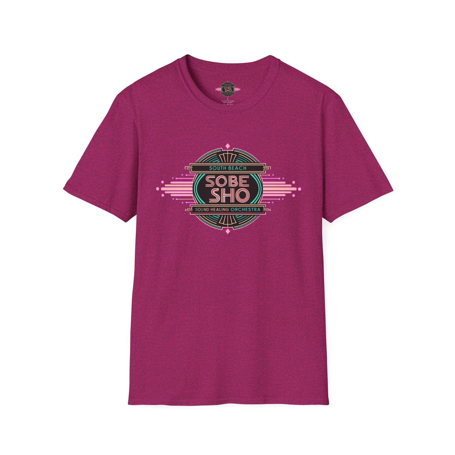Retro Resonance  Unisex Softstyle T-Shirt, South Beach Sound Healing Orchestra x [dNASAb] merch, Mindful Graphic Tee for Beach Days, Sound Healing Vibes & Everyday Ease (front print only)