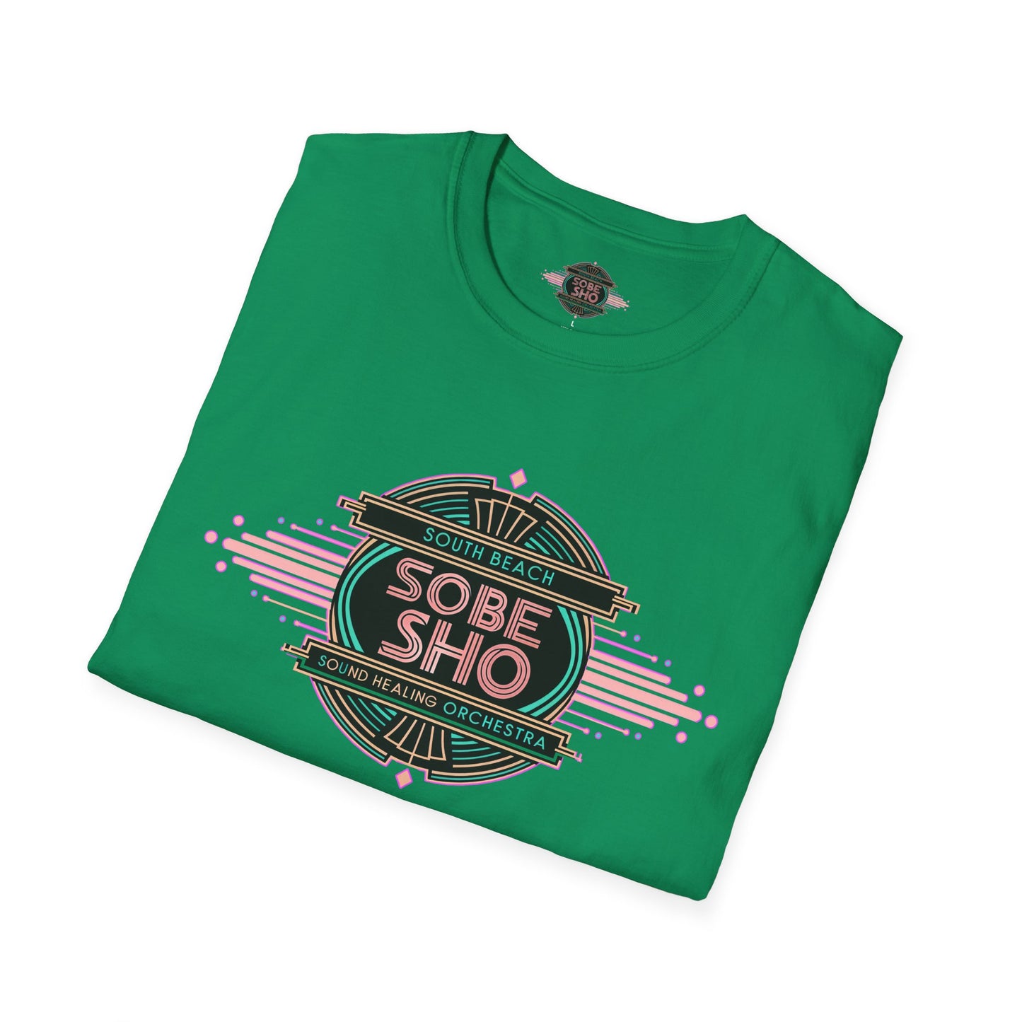 Retro Resonance  Unisex Softstyle T-Shirt, South Beach Sound Healing Orchestra x [dNASAb] merch, Mindful Graphic Tee for Beach Days, Sound Healing Vibes & Everyday Ease (front print only)