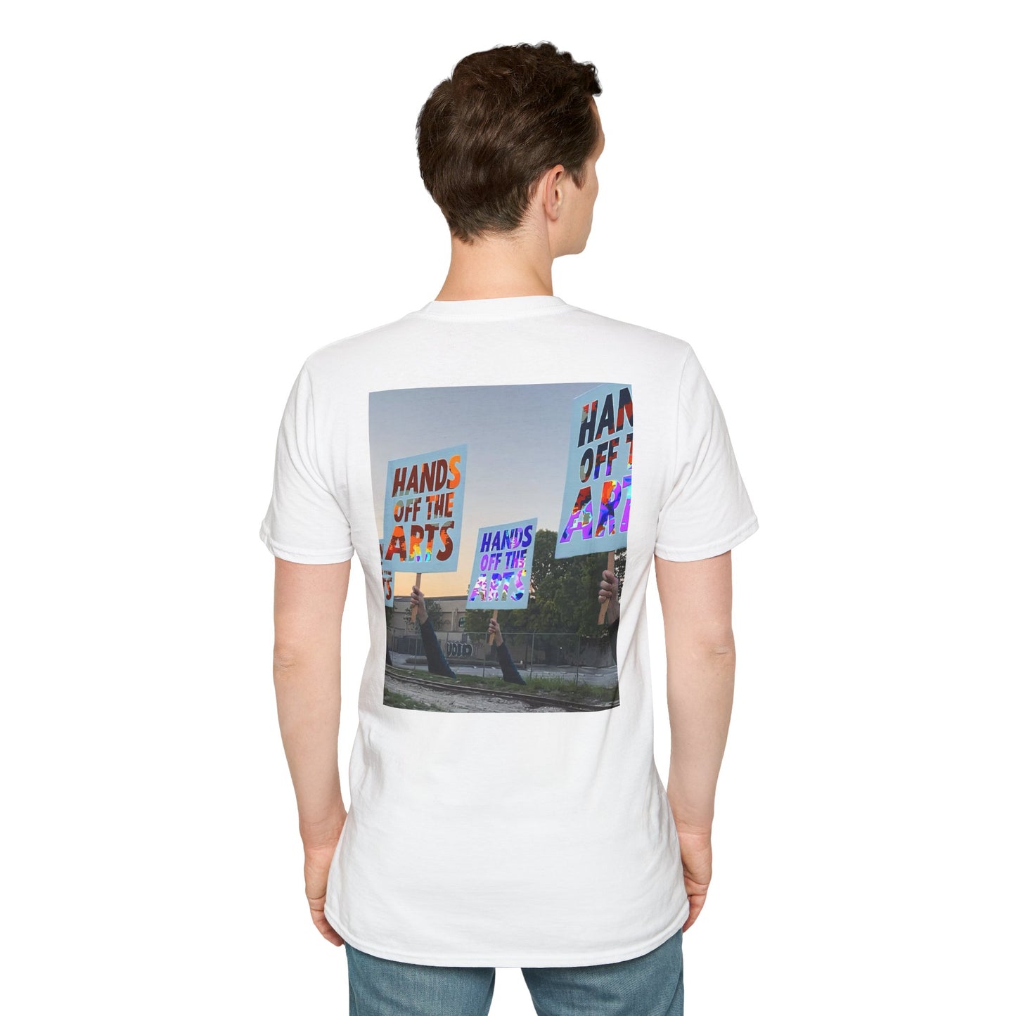 T-Shirt "Hands Off The Arts" Disruptive Media Arts™ Logo Tee – Signal Gear™ Core Uniform [Front + Back Print] Softstyle, Unisex Tee
