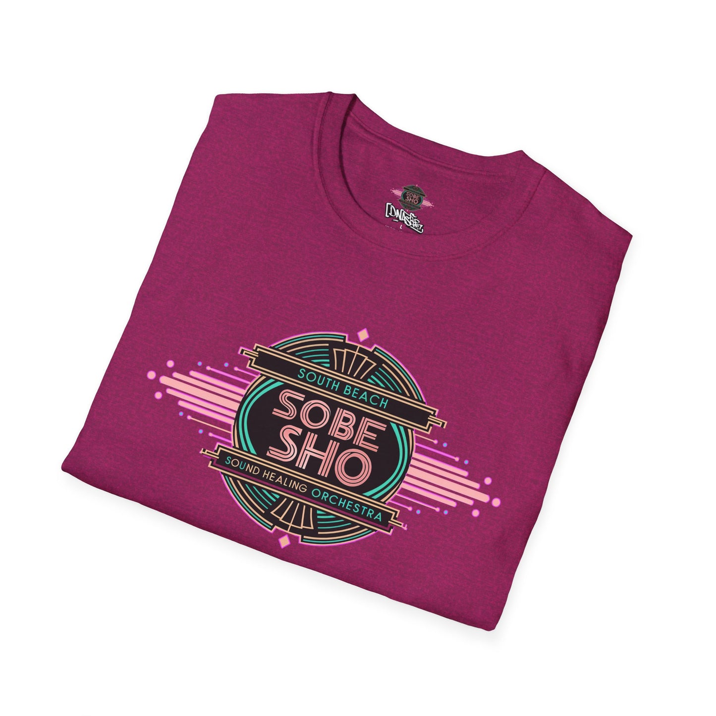 Retro Resonance Unisex Softstyle T-Shirt, South Beach Sound Healing Orchestra x [dNASAb] merch, Mindful Graphic Tee for Beach Days, Sound Healing Vibes [Front +Back Print]